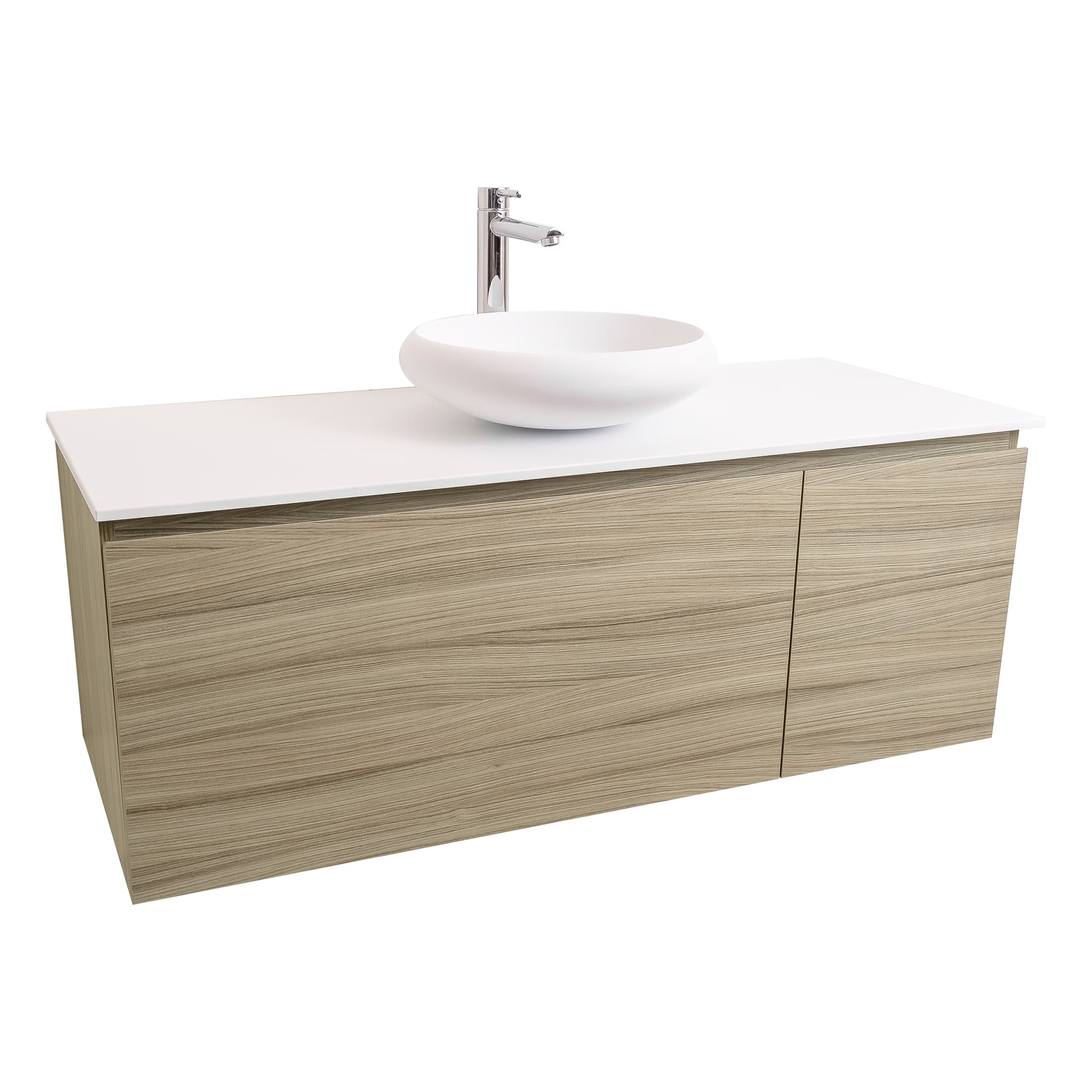 Venice 47.5 Nilo Grey Wood Texture Cabinet, Solid Surface Flat White Counter And Round Solid Surface White Basin 1153, Wall Mounted Modern Vanity Set