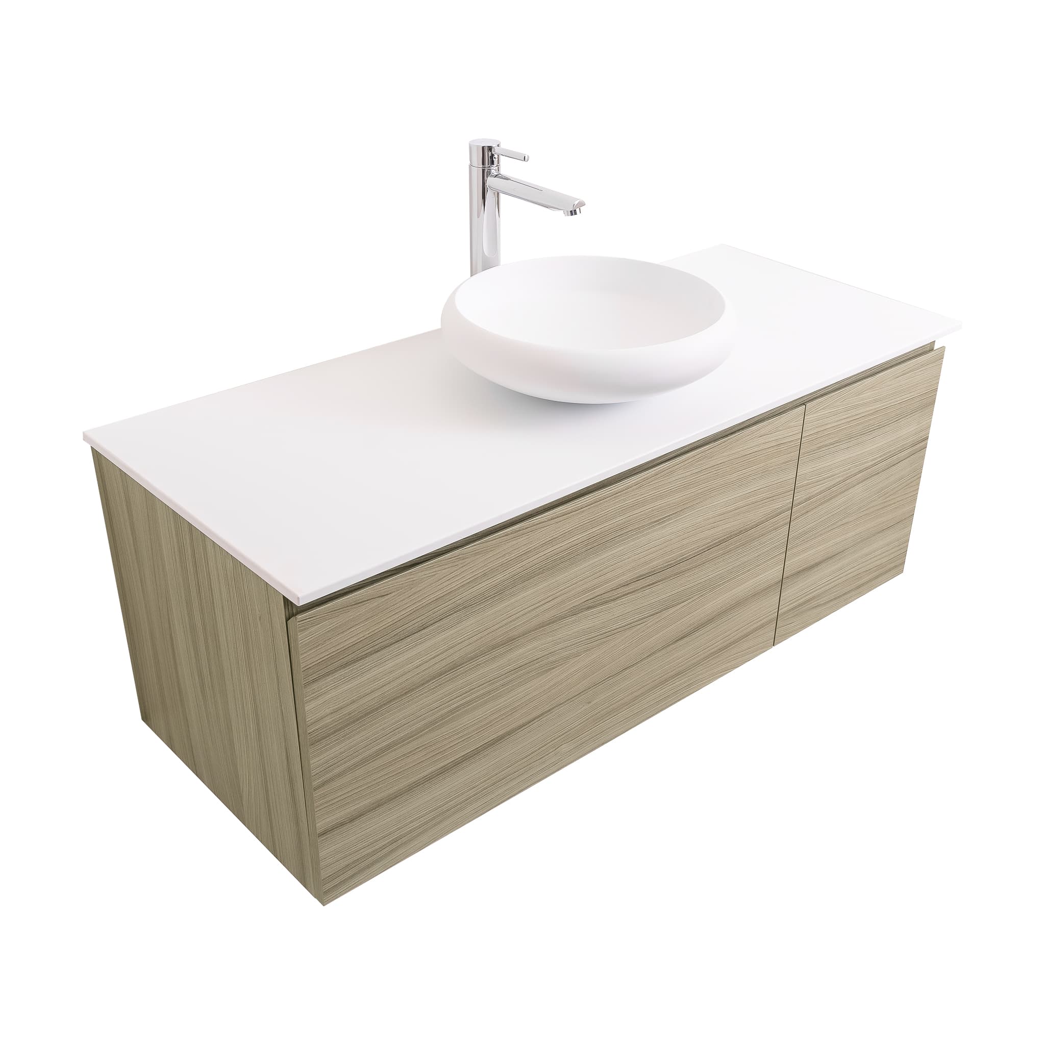 Venice 47.5 Nilo Grey Wood Texture Cabinet, Solid Surface Flat White Counter And Round Solid Surface White Basin 1153, Wall Mounted Modern Vanity Set