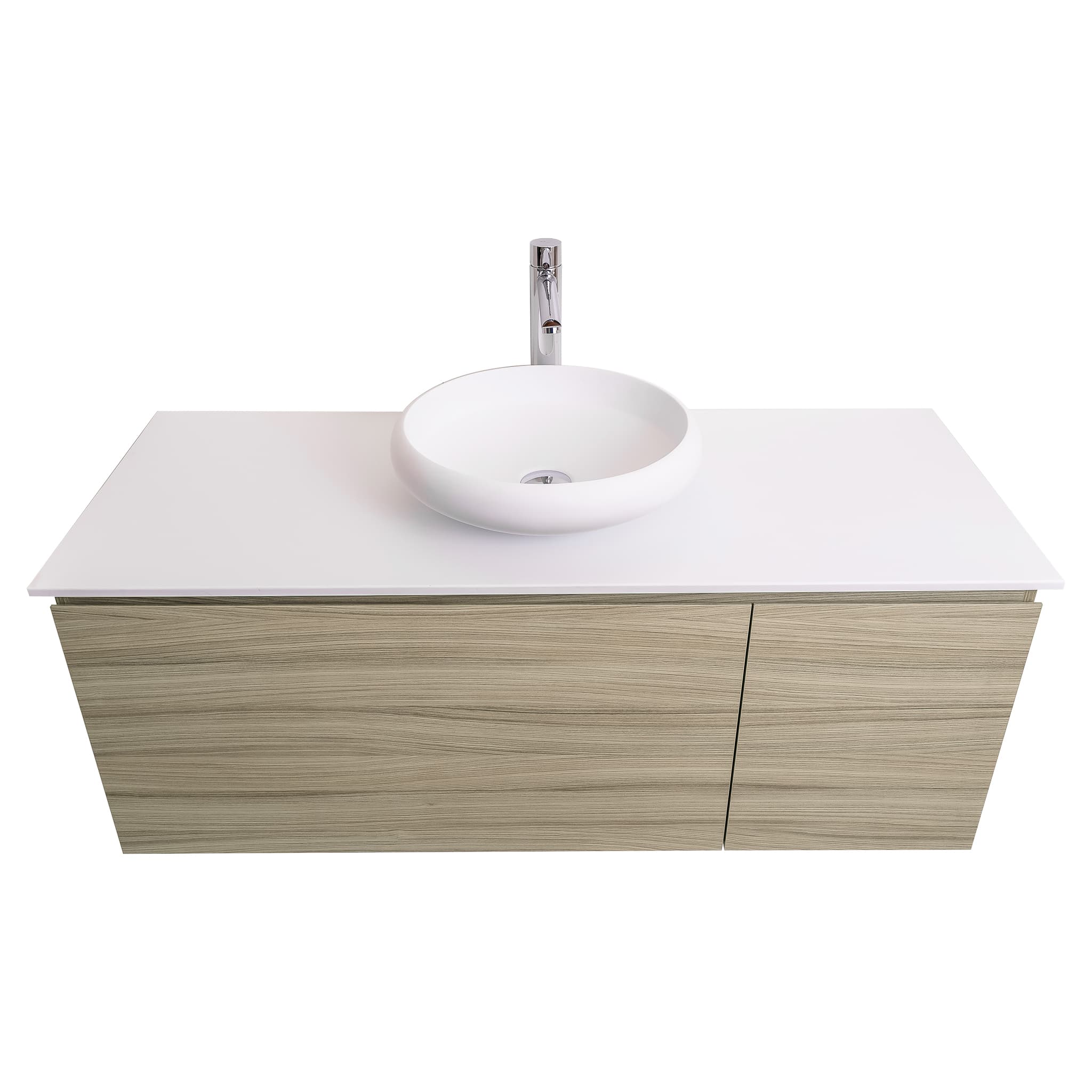 Venice 47.5 Nilo Grey Wood Texture Cabinet, Solid Surface Flat White Counter And Round Solid Surface White Basin 1153, Wall Mounted Modern Vanity Set