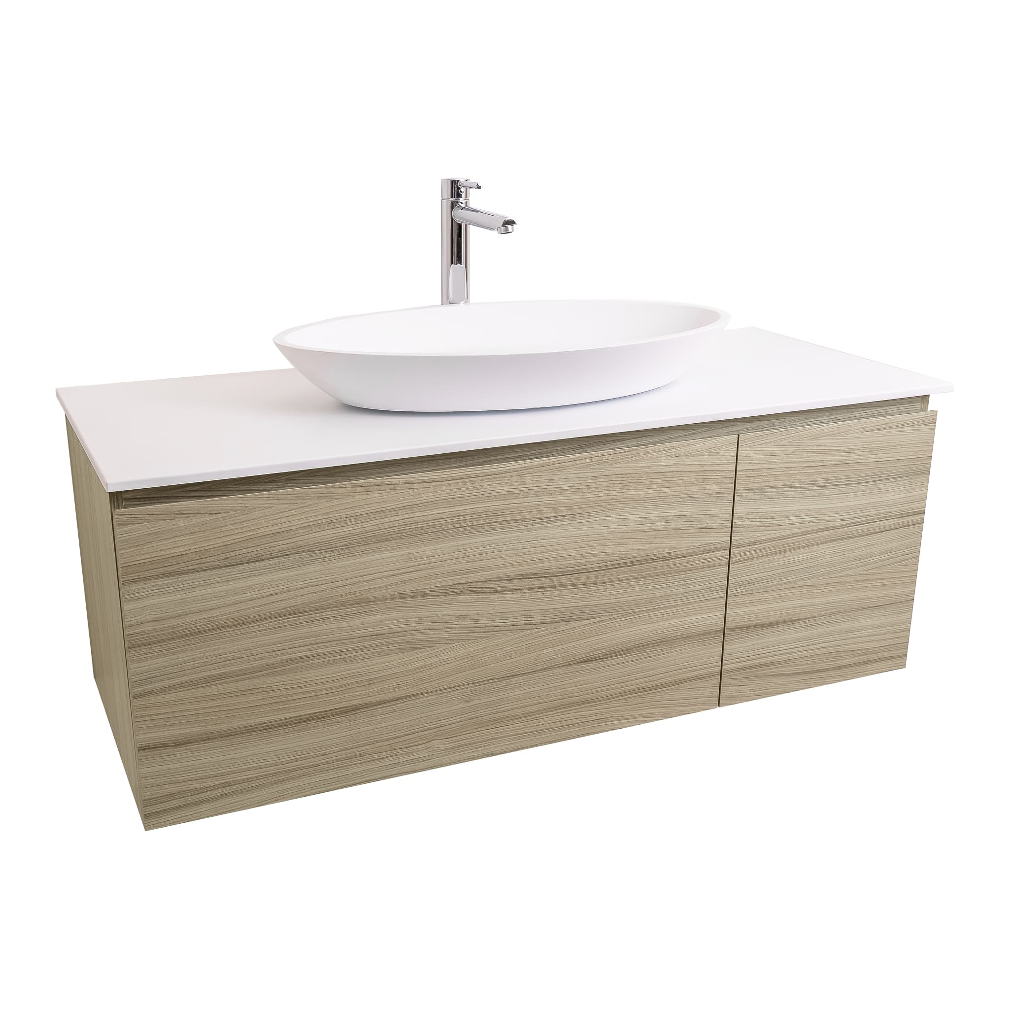 Venice 47.5 Nilo Grey Wood Texture Cabinet, Solid Surface Flat White Counter And Oval Solid Surface White Basin 1305, Wall Mounted Modern Vanity Set