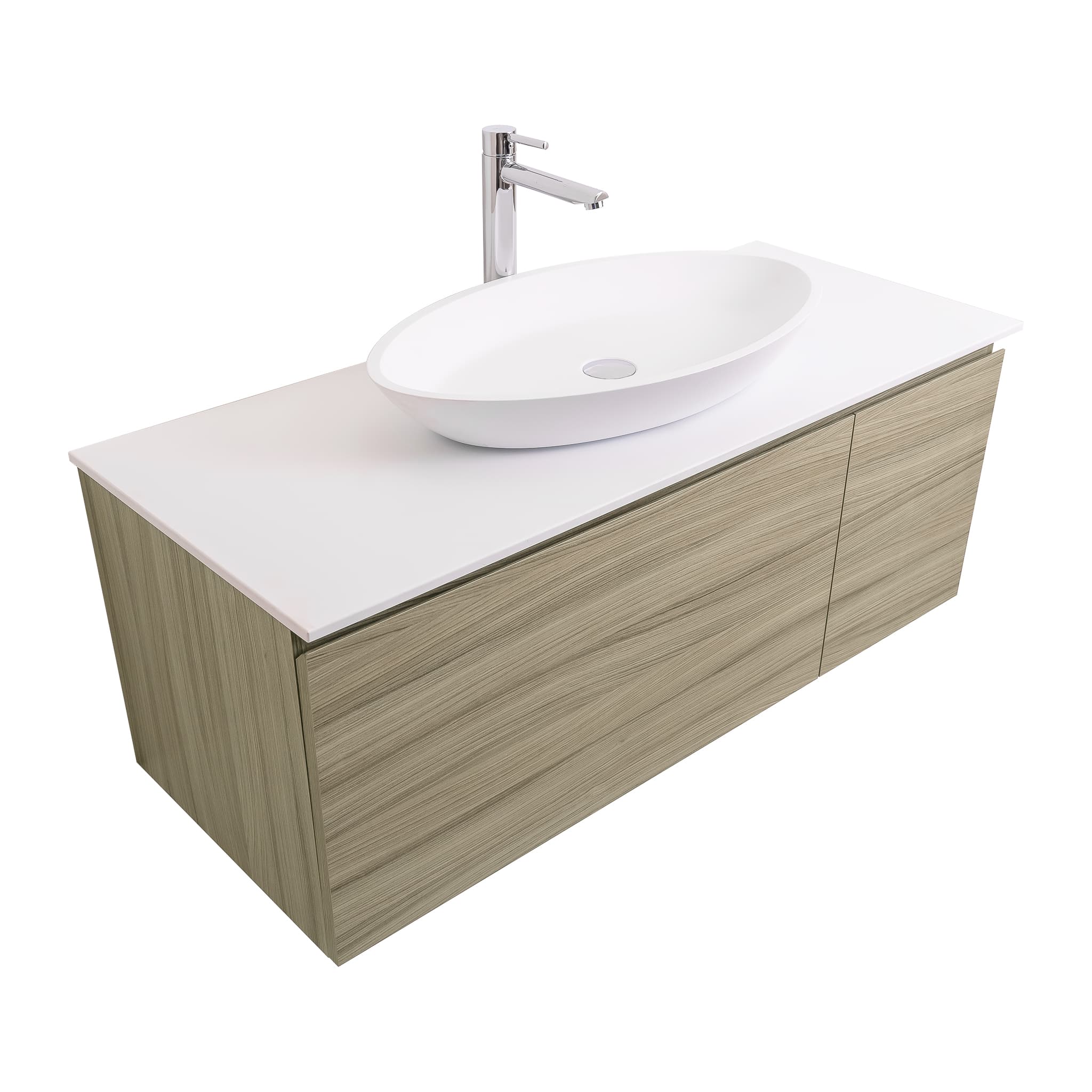 Venice 47.5 Nilo Grey Wood Texture Cabinet, Solid Surface Flat White Counter And Oval Solid Surface White Basin 1305, Wall Mounted Modern Vanity Set