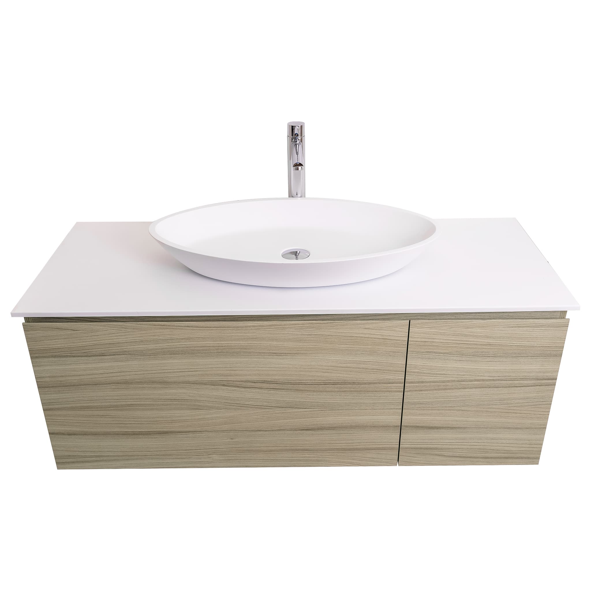 Venice 47.5 Nilo Grey Wood Texture Cabinet, Solid Surface Flat White Counter And Oval Solid Surface White Basin 1305, Wall Mounted Modern Vanity Set