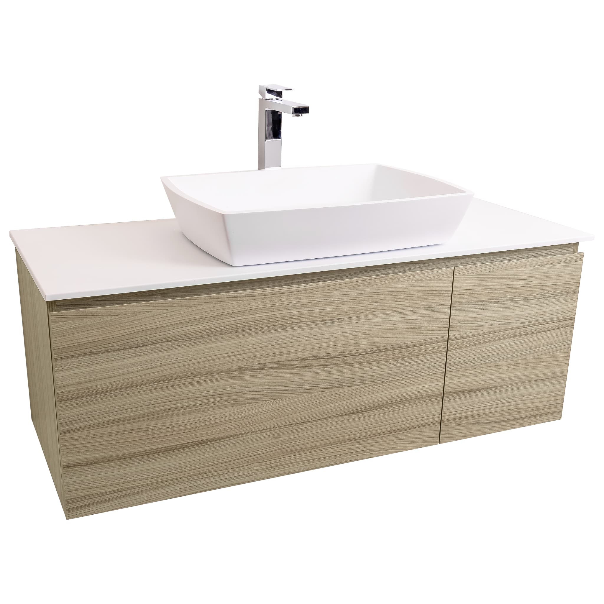 Venice 47.5 Nilo Grey Wood Texture Cabinet, Solid Surface Flat White Counter And Square Solid Surface White Basin 1316, Wall Mounted Modern Vanity Set