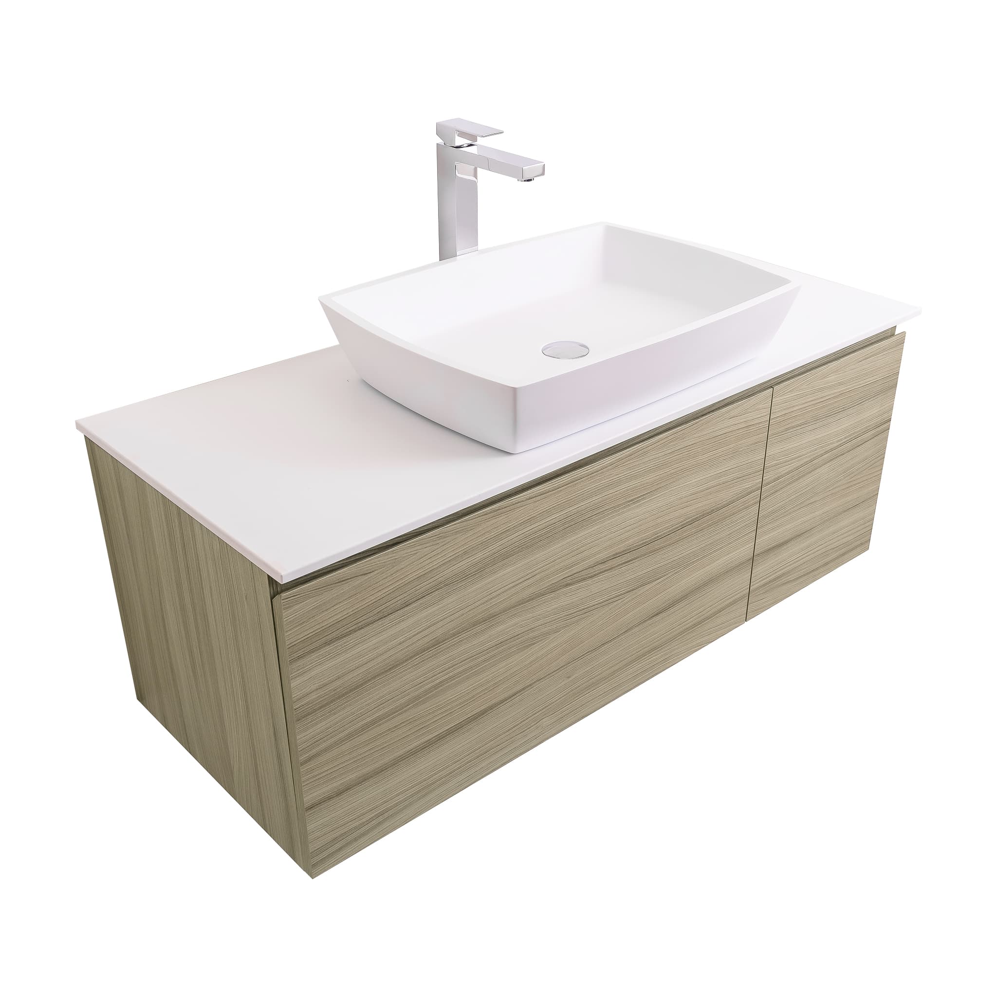 Venice 47.5 Nilo Grey Wood Texture Cabinet, Solid Surface Flat White Counter And Square Solid Surface White Basin 1316, Wall Mounted Modern Vanity Set Bath Trends USA