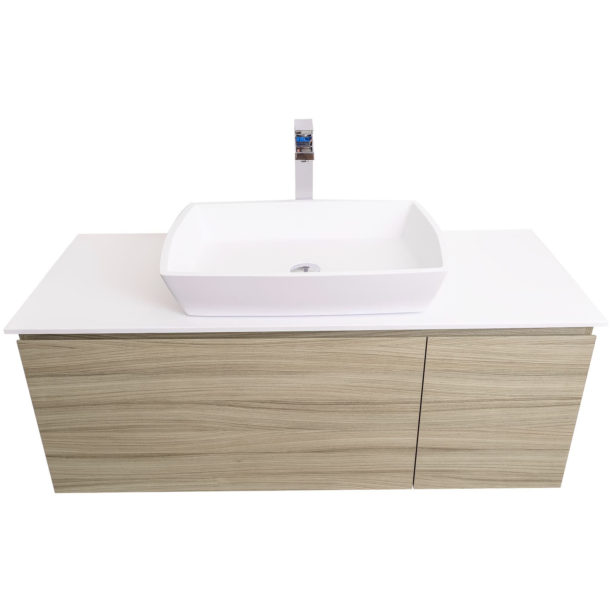 Venice 47.5 Nilo Grey Wood Texture Cabinet, Solid Surface Flat White Counter And Square Solid Surface White Basin 1316, Wall Mounted Modern Vanity Set