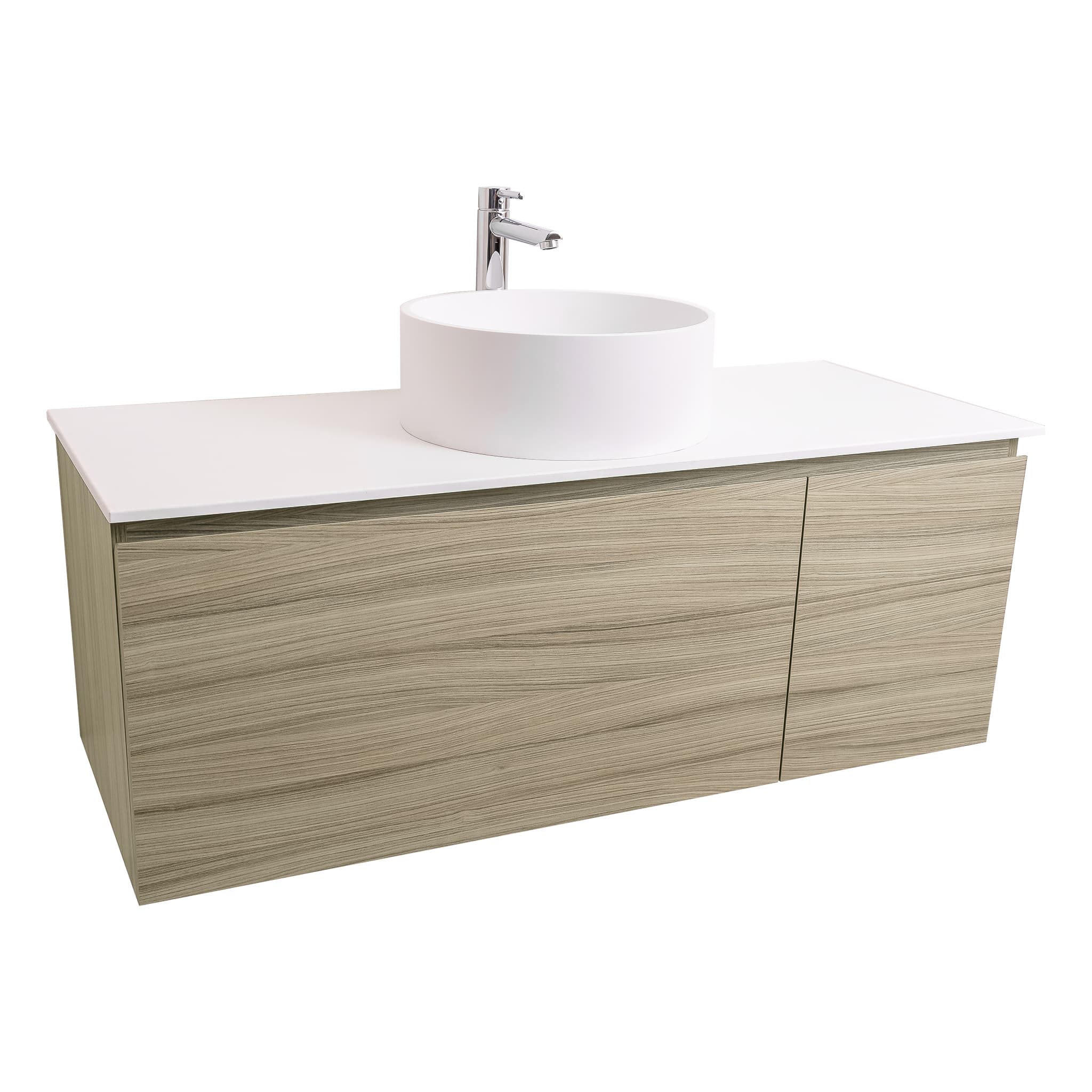 Venice 47.5 Nilo Grey Wood Texture Cabinet, Solid Surface Flat White Counter And Round Solid Surface White Basin 1386, Wall Mounted Modern Vanity Set Bath Trends USA