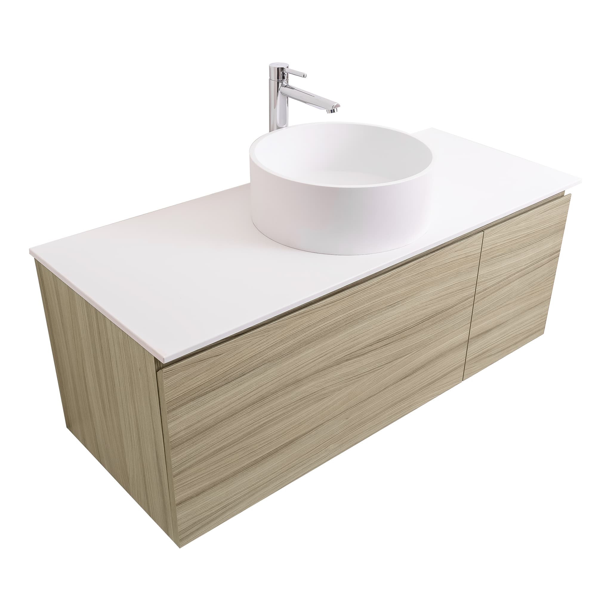 Venice 47.5 Nilo Grey Wood Texture Cabinet, Solid Surface Flat White Counter And Round Solid Surface White Basin 1386, Wall Mounted Modern Vanity Set