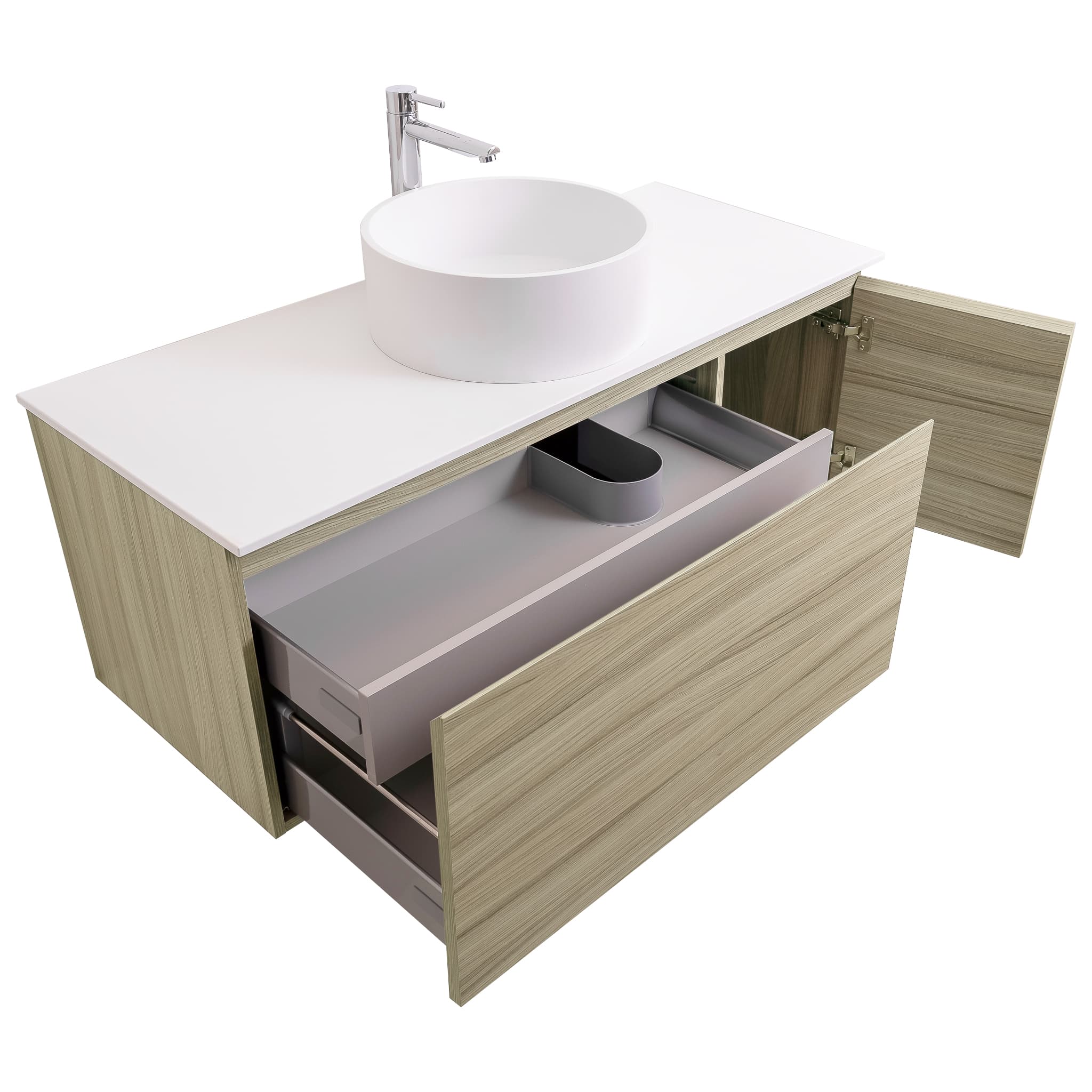 Venice 47.5 Nilo Grey Wood Texture Cabinet, Solid Surface Flat White Counter And Round Solid Surface White Basin 1386, Wall Mounted Modern Vanity Set