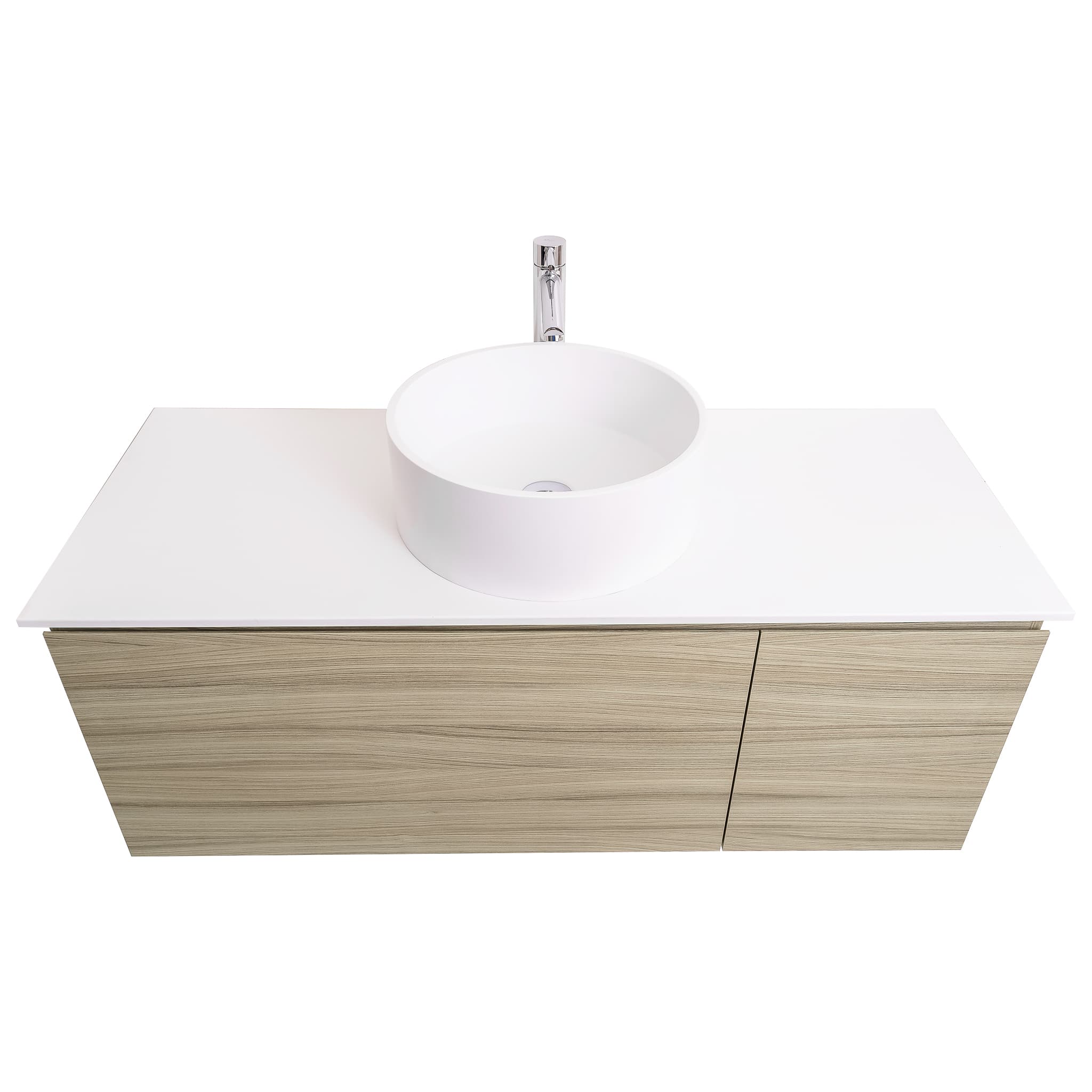 Venice 47.5 Nilo Grey Wood Texture Cabinet, Solid Surface Flat White Counter And Round Solid Surface White Basin 1386, Wall Mounted Modern Vanity Set