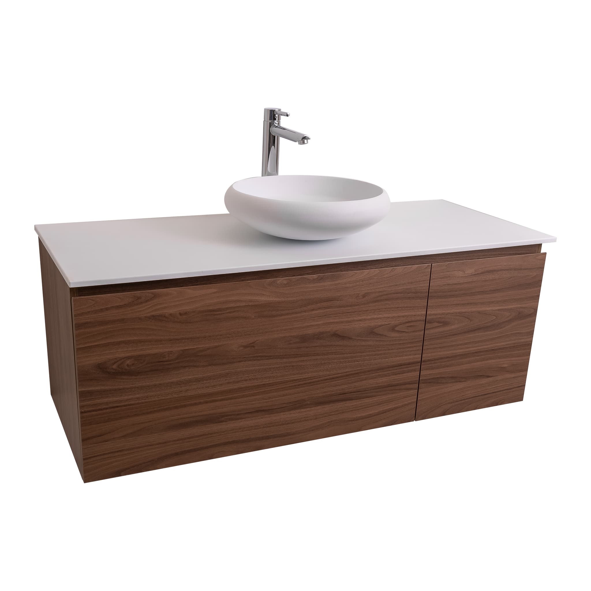 Venice 47.5 Walnut Wood Texture Cabinet, Solid Surface Flat White Counter And Round Solid Surface White Basin 1153, Wall Mounted Modern Vanity Set