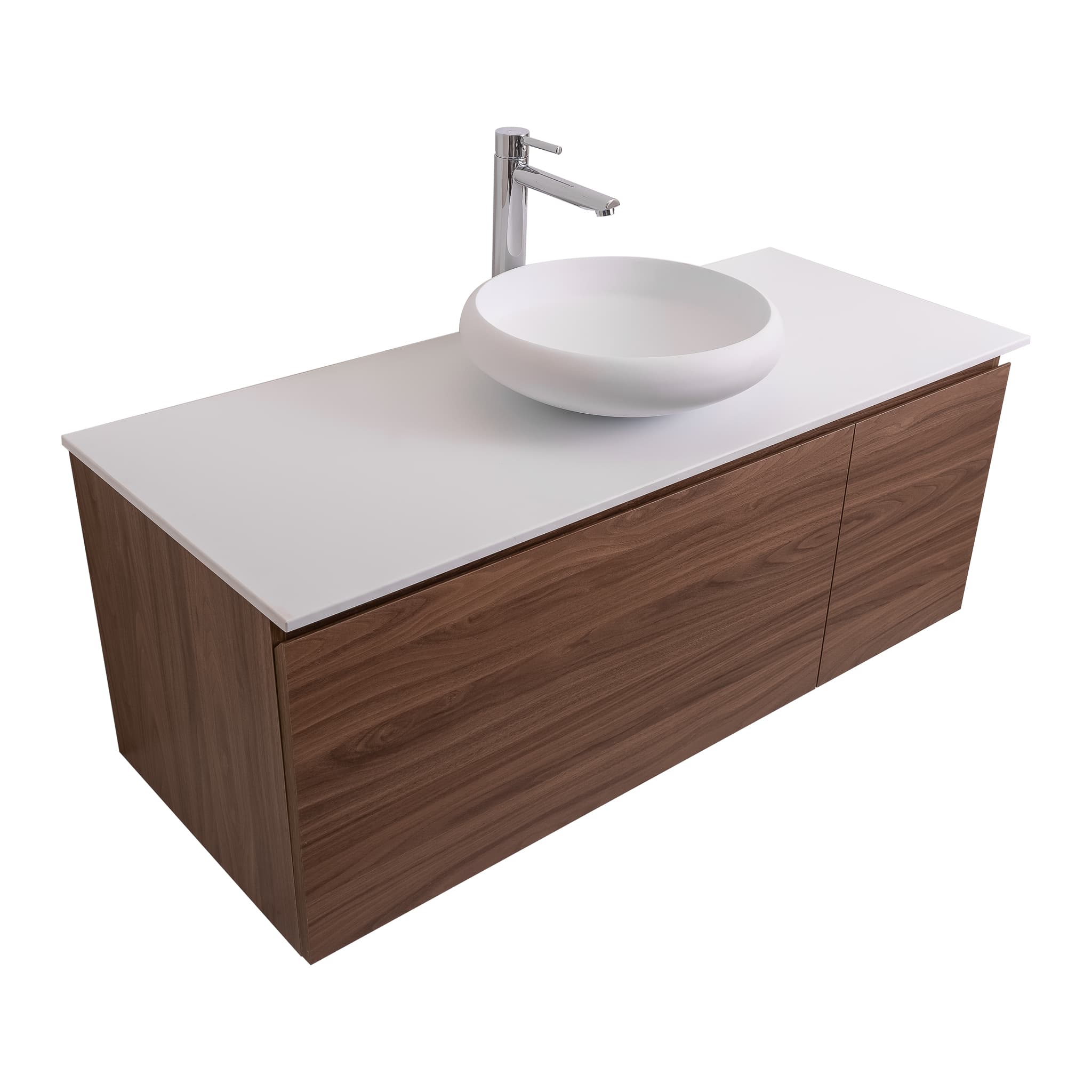 Venice 47.5 Walnut Wood Texture Cabinet, Solid Surface Flat White Counter And Round Solid Surface White Basin 1153, Wall Mounted Modern Vanity Set Bath Trends USA