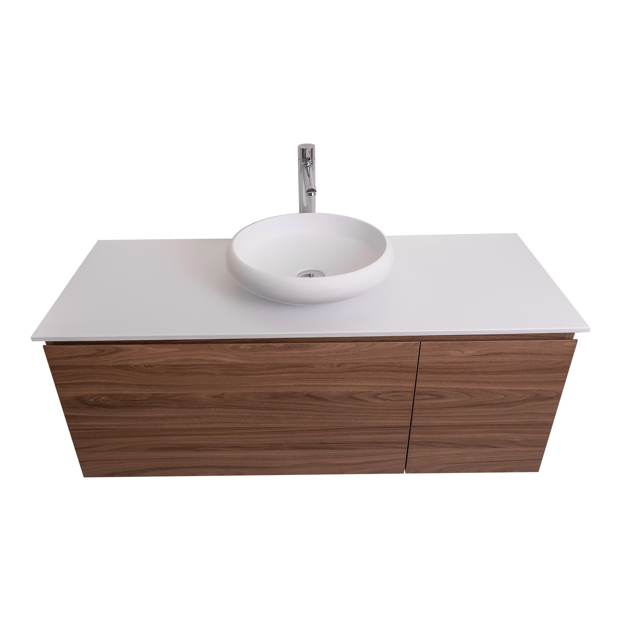 Venice 47.5 Walnut Wood Texture Cabinet, Solid Surface Flat White Counter And Round Solid Surface White Basin 1153, Wall Mounted Modern Vanity Set