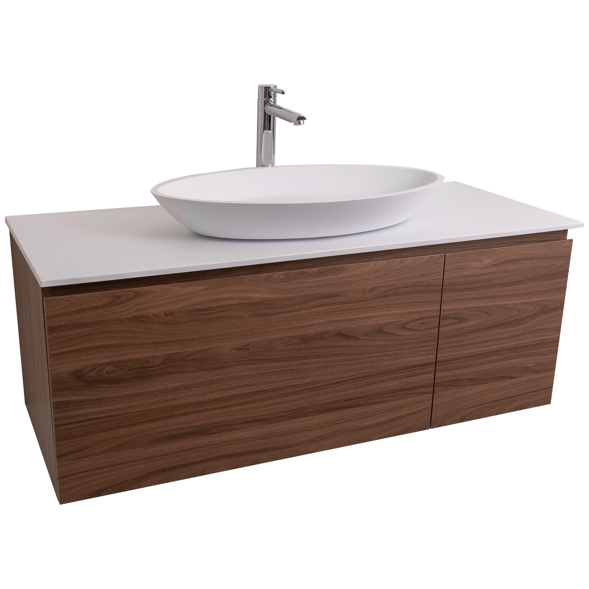 Venice 47.5 Walnut Wood Texture Cabinet, Solid Surface Flat White Counter And Oval Solid Surface White Basin 1305, Wall Mounted Modern Vanity Set Bath Trends USA