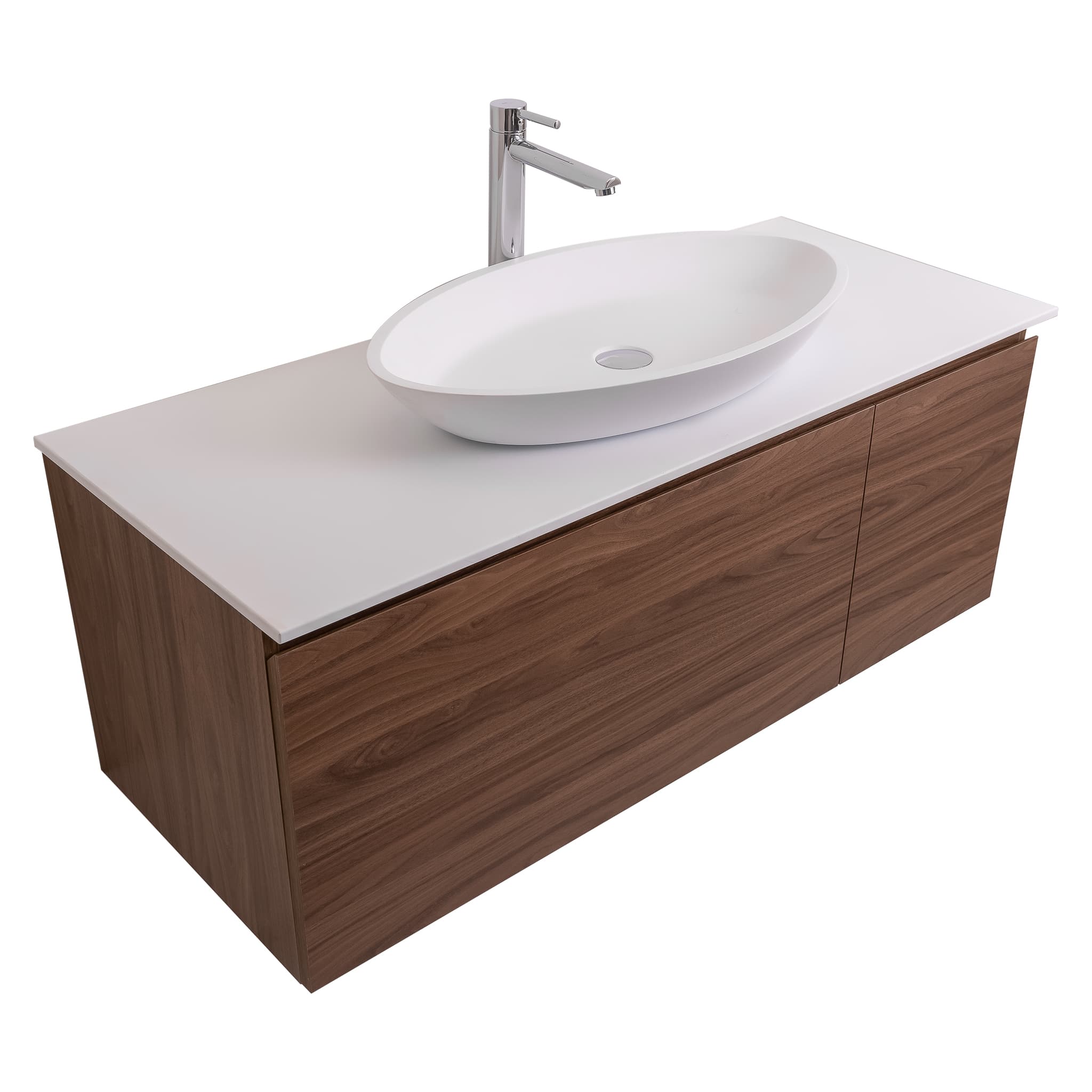 Venice 47.5 Walnut Wood Texture Cabinet, Solid Surface Flat White Counter And Oval Solid Surface White Basin 1305, Wall Mounted Modern Vanity Set