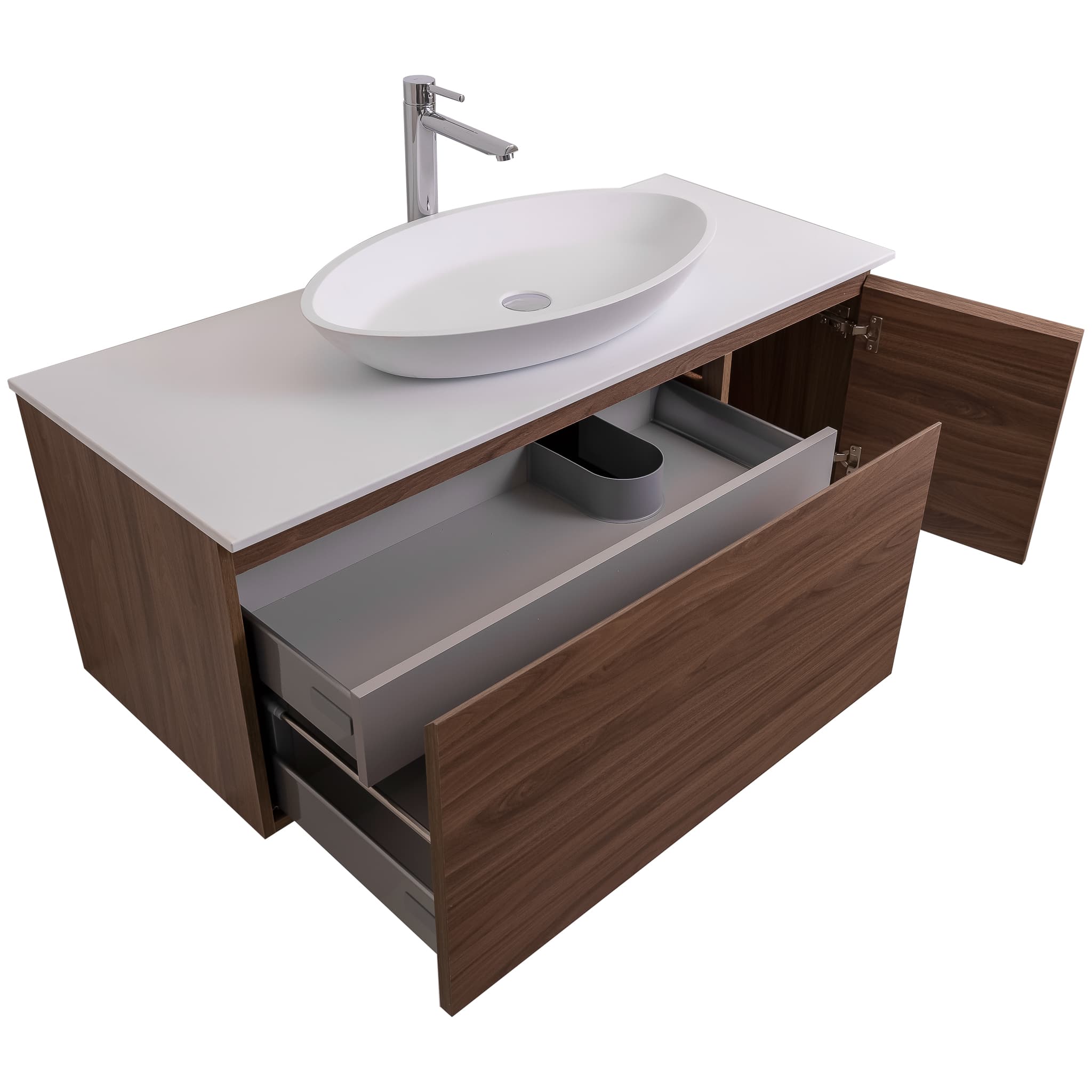 Venice 47.5 Walnut Wood Texture Cabinet, Solid Surface Flat White Counter And Oval Solid Surface White Basin 1305, Wall Mounted Modern Vanity Set