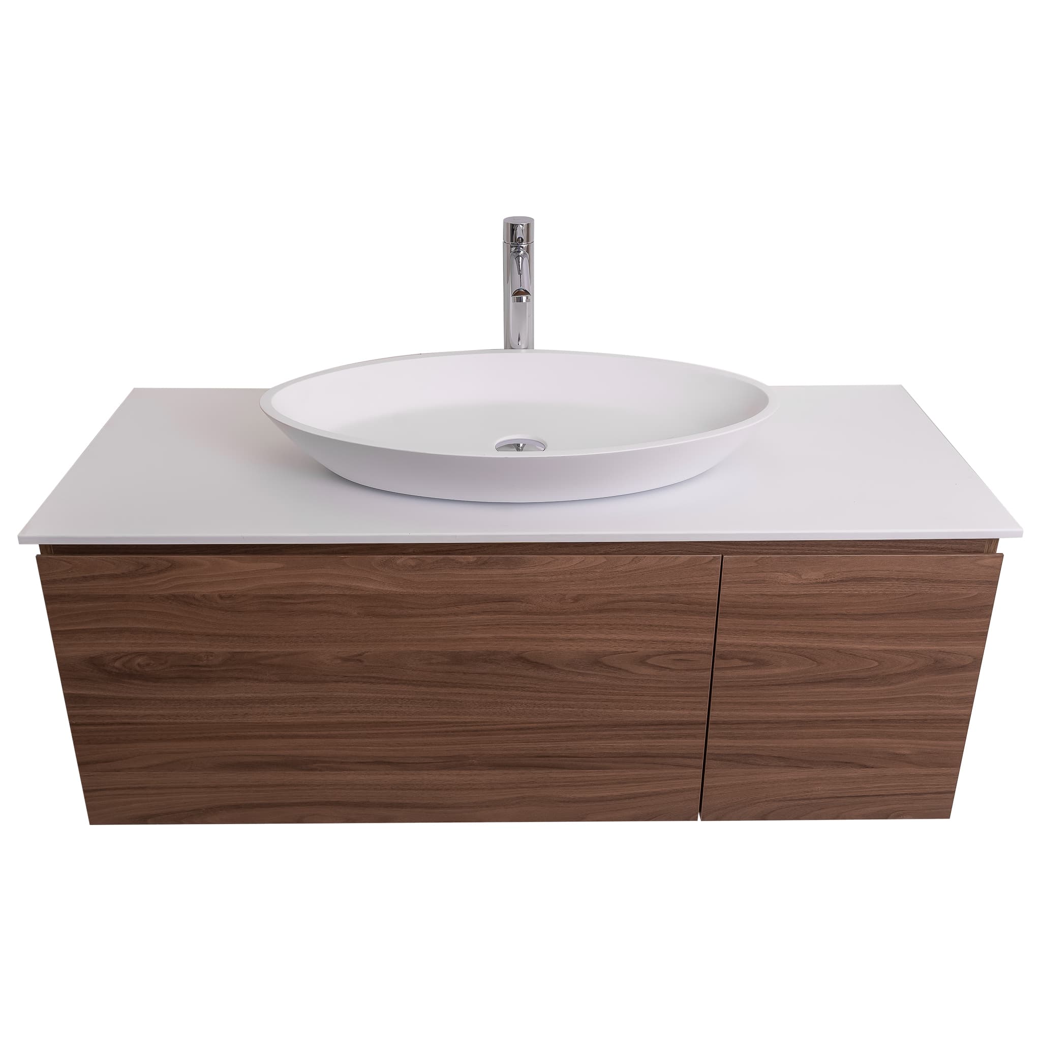 Venice 47.5 Walnut Wood Texture Cabinet, Solid Surface Flat White Counter And Oval Solid Surface White Basin 1305, Wall Mounted Modern Vanity Set