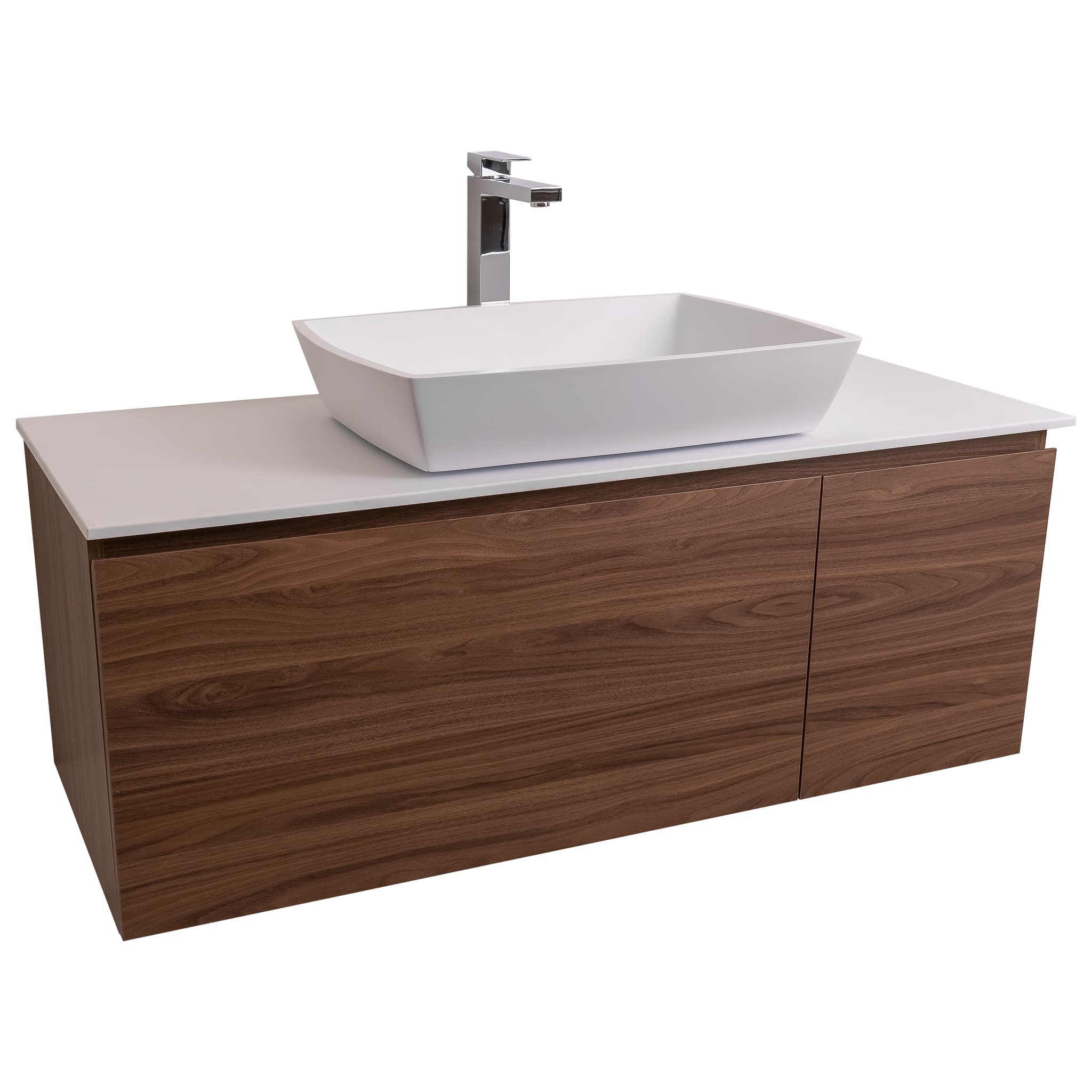 Venice 47.5 Walnut Wood Texture Cabinet, Solid Surface Flat White Counter And Square Solid Surface White Basin 1316, Wall Mounted Modern Vanity Set