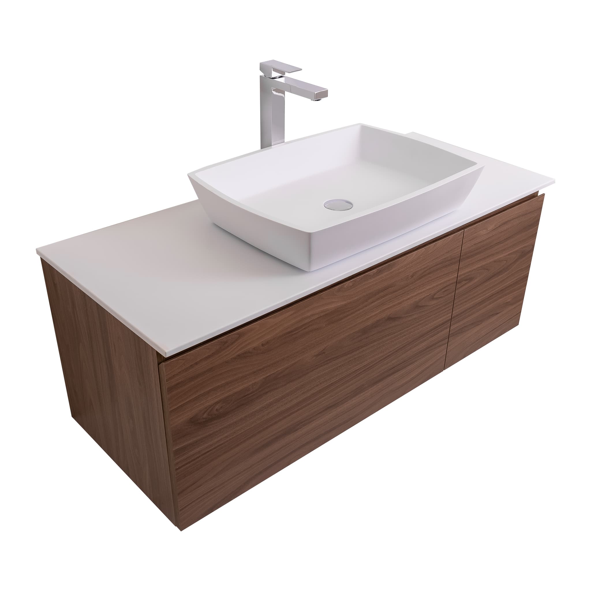 Venice 47.5 Walnut Wood Texture Cabinet, Solid Surface Flat White Counter And Square Solid Surface White Basin 1316, Wall Mounted Modern Vanity Set