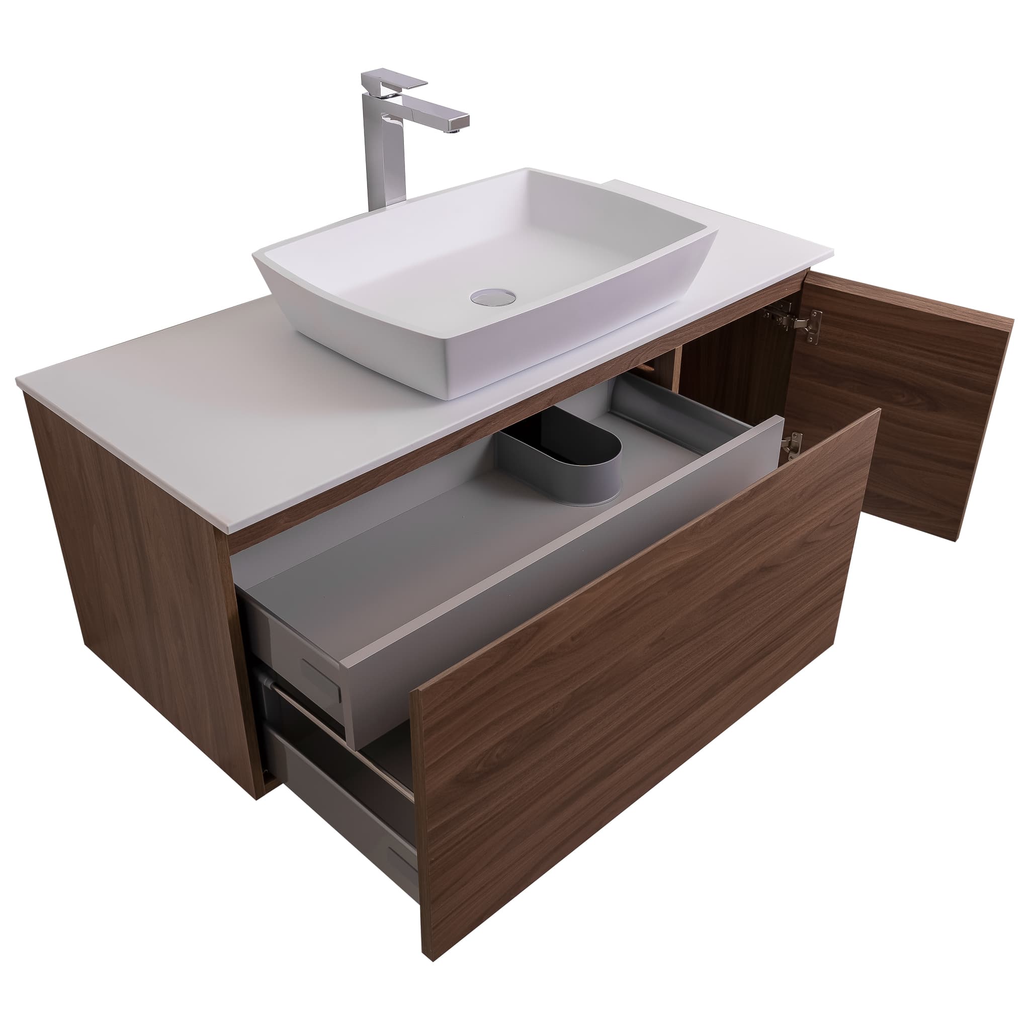 Venice 47.5 Walnut Wood Texture Cabinet, Solid Surface Flat White Counter And Square Solid Surface White Basin 1316, Wall Mounted Modern Vanity Set