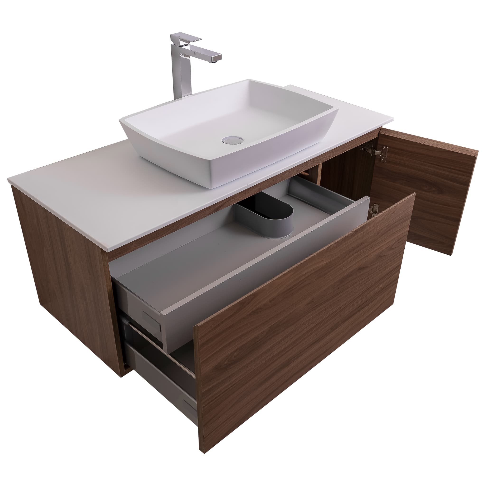 Venice 47.5 Walnut Wood Texture Cabinet, Solid Surface Flat White Counter And Square Solid Surface White Basin 1316, Wall Mounted Modern Vanity Set Bath Trends USA