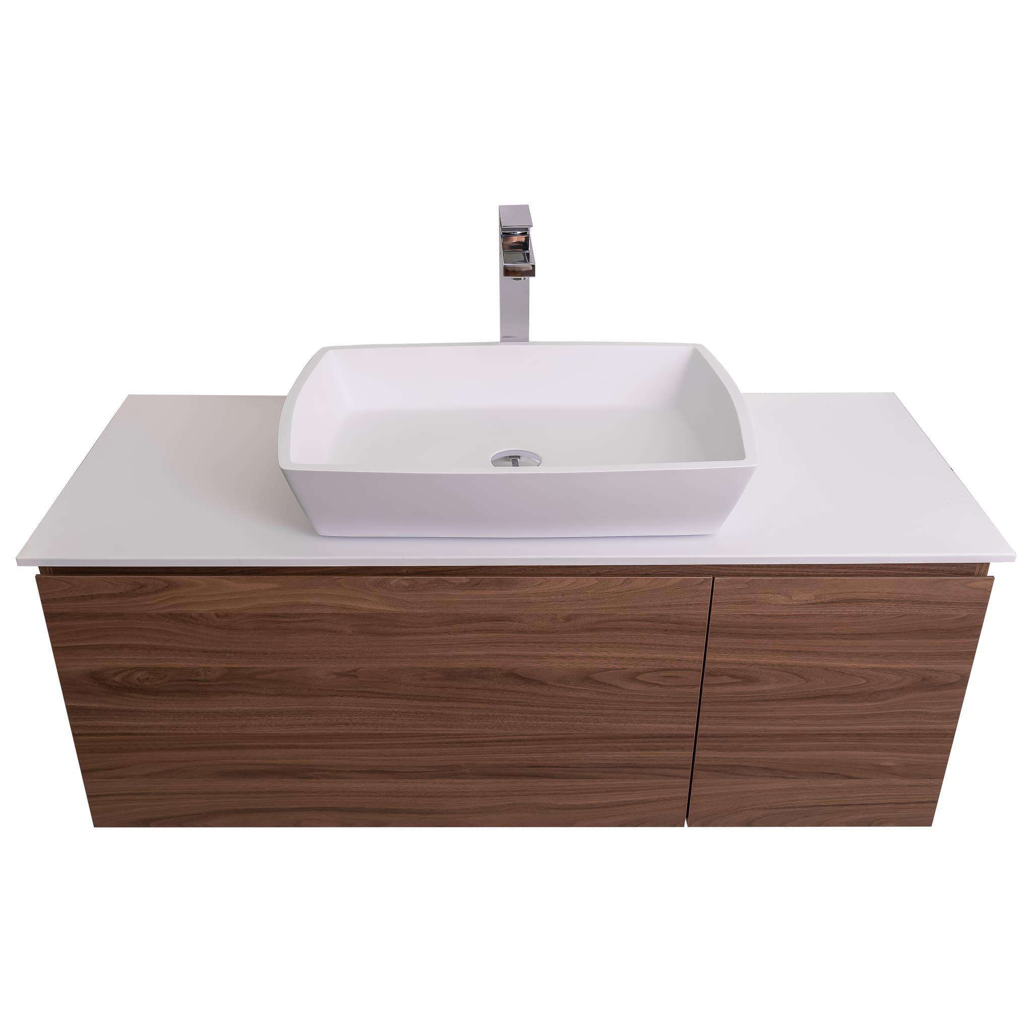 Venice 47.5 Walnut Wood Texture Cabinet, Solid Surface Flat White Counter And Square Solid Surface White Basin 1316, Wall Mounted Modern Vanity Set Bath Trends USA