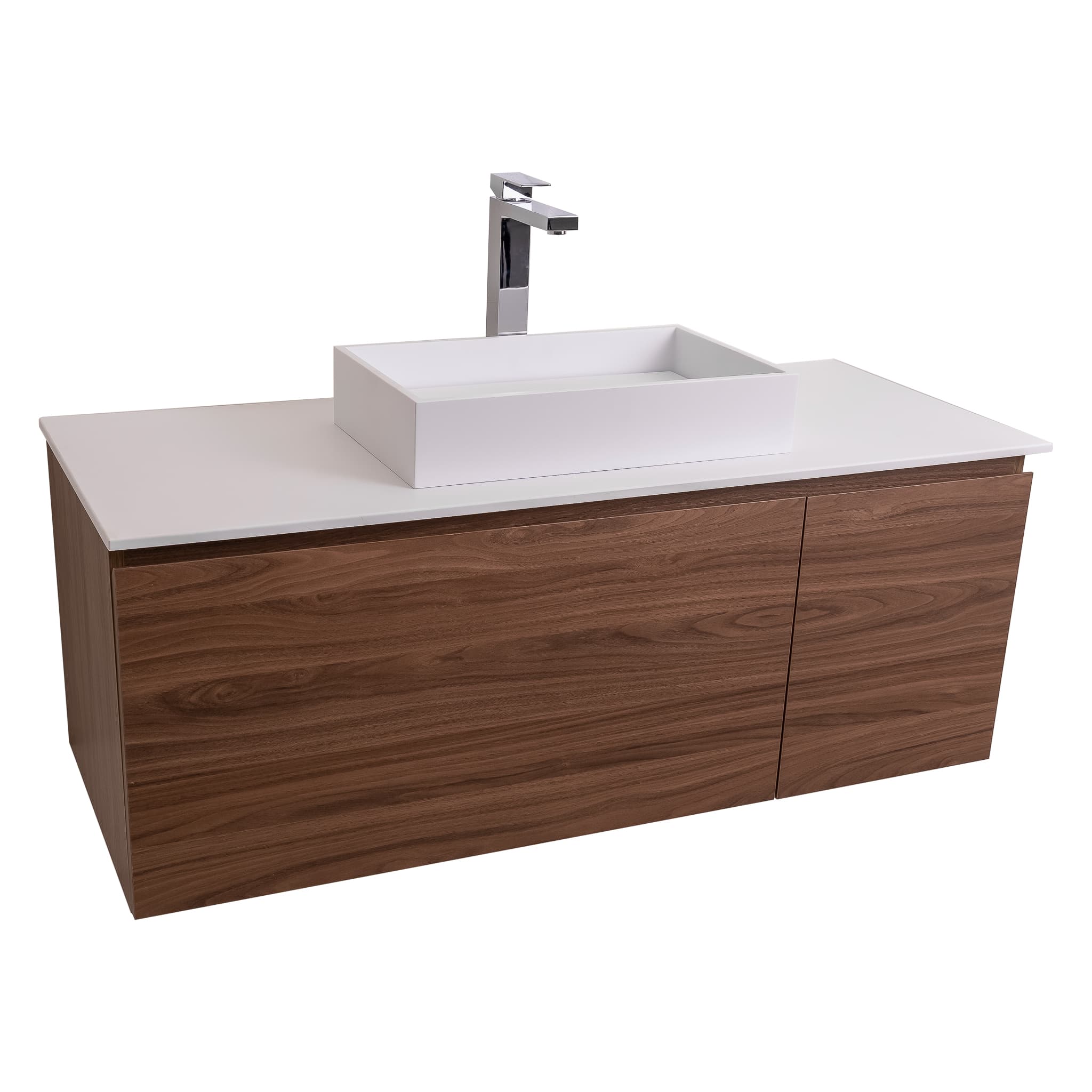 Venice 47.5 Walnut Wood Texture Cabinet, Solid Surface Flat White Counter And Infinity Square Solid Surface White Basin 1329, Wall Mounted Modern Vanity Set Bath Trends USA