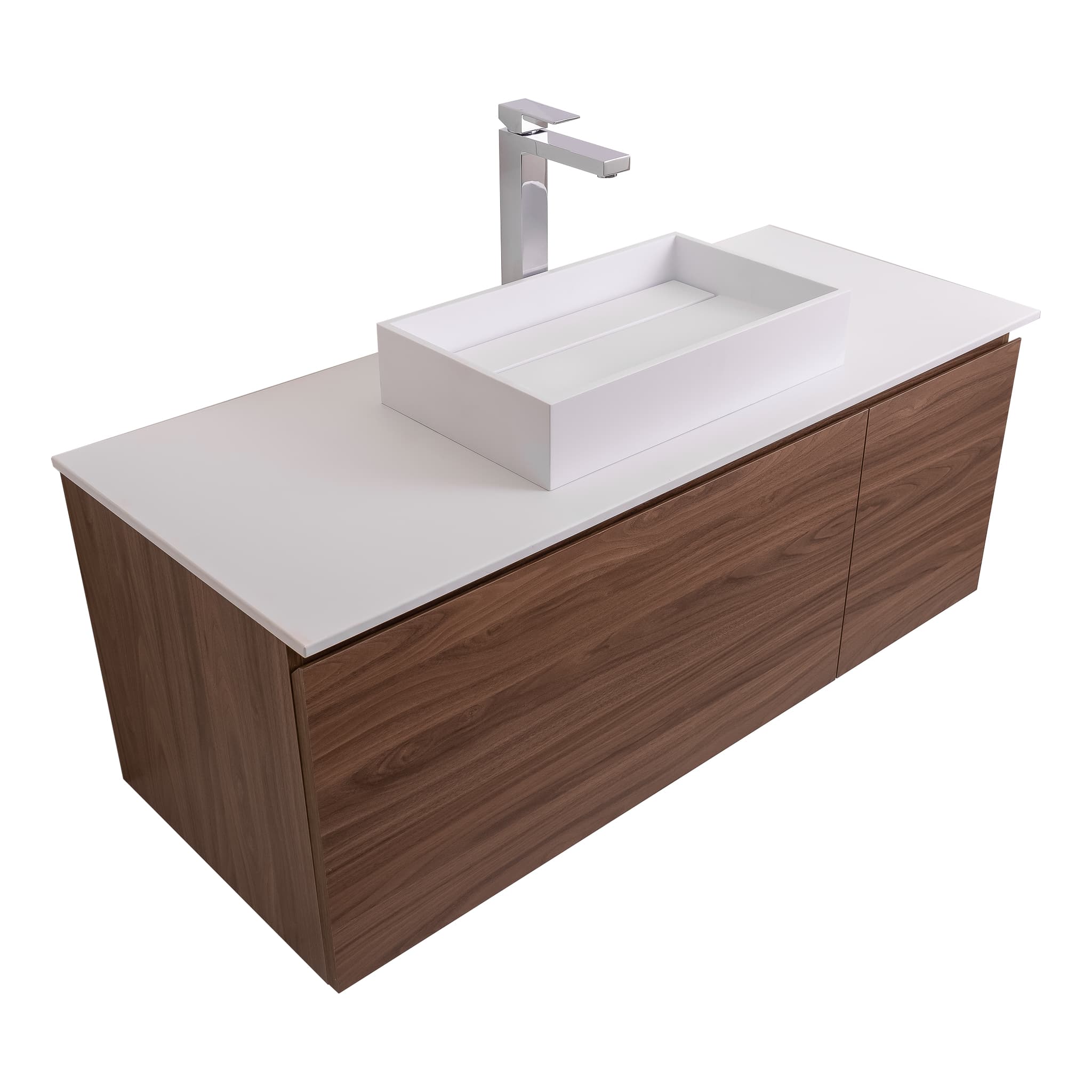 Venice 47.5 Walnut Wood Texture Cabinet, Solid Surface Flat White Counter And Infinity Square Solid Surface White Basin 1329, Wall Mounted Modern Vanity Set