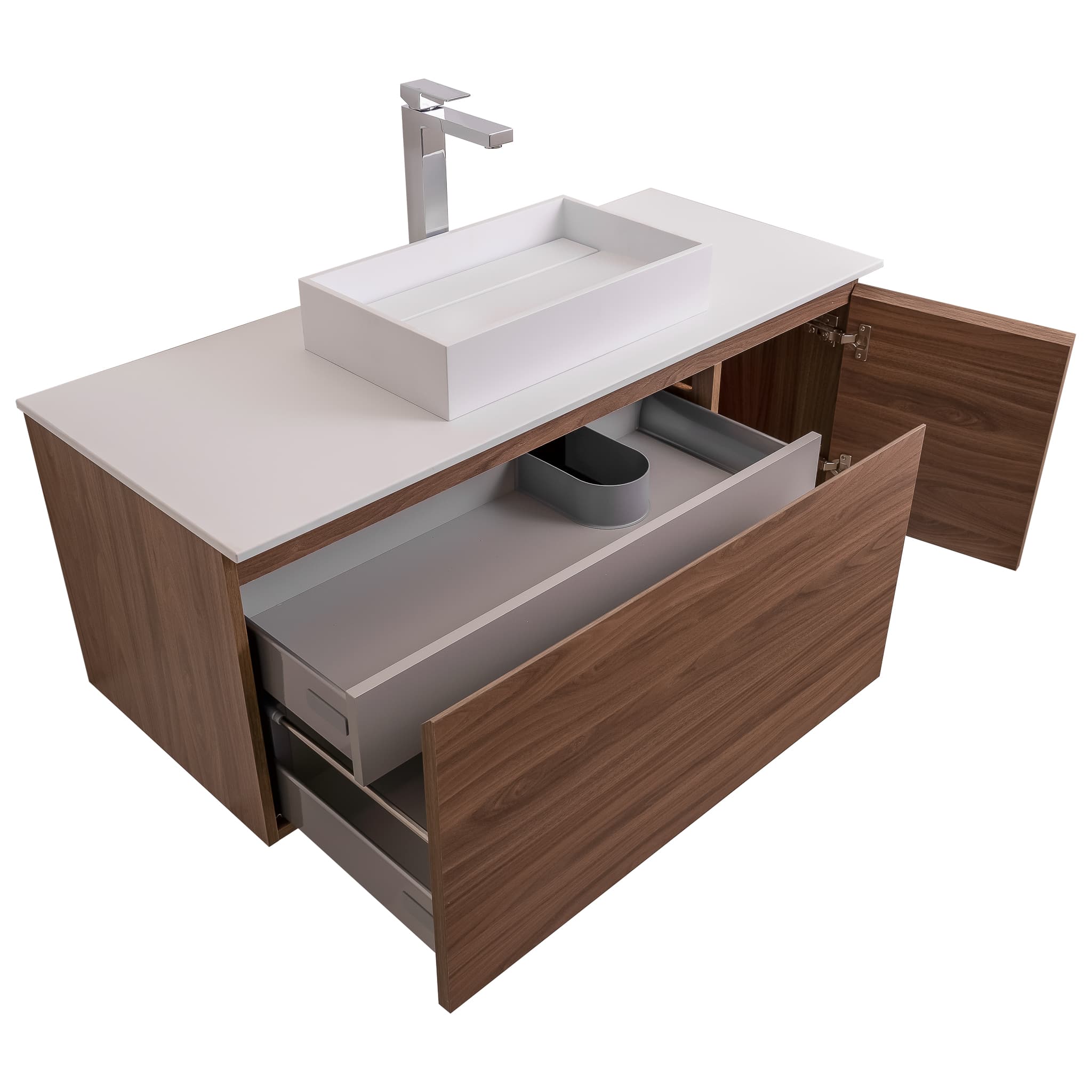 Venice 47.5 Walnut Wood Texture Cabinet, Solid Surface Flat White Counter And Infinity Square Solid Surface White Basin 1329, Wall Mounted Modern Vanity Set Bath Trends USA