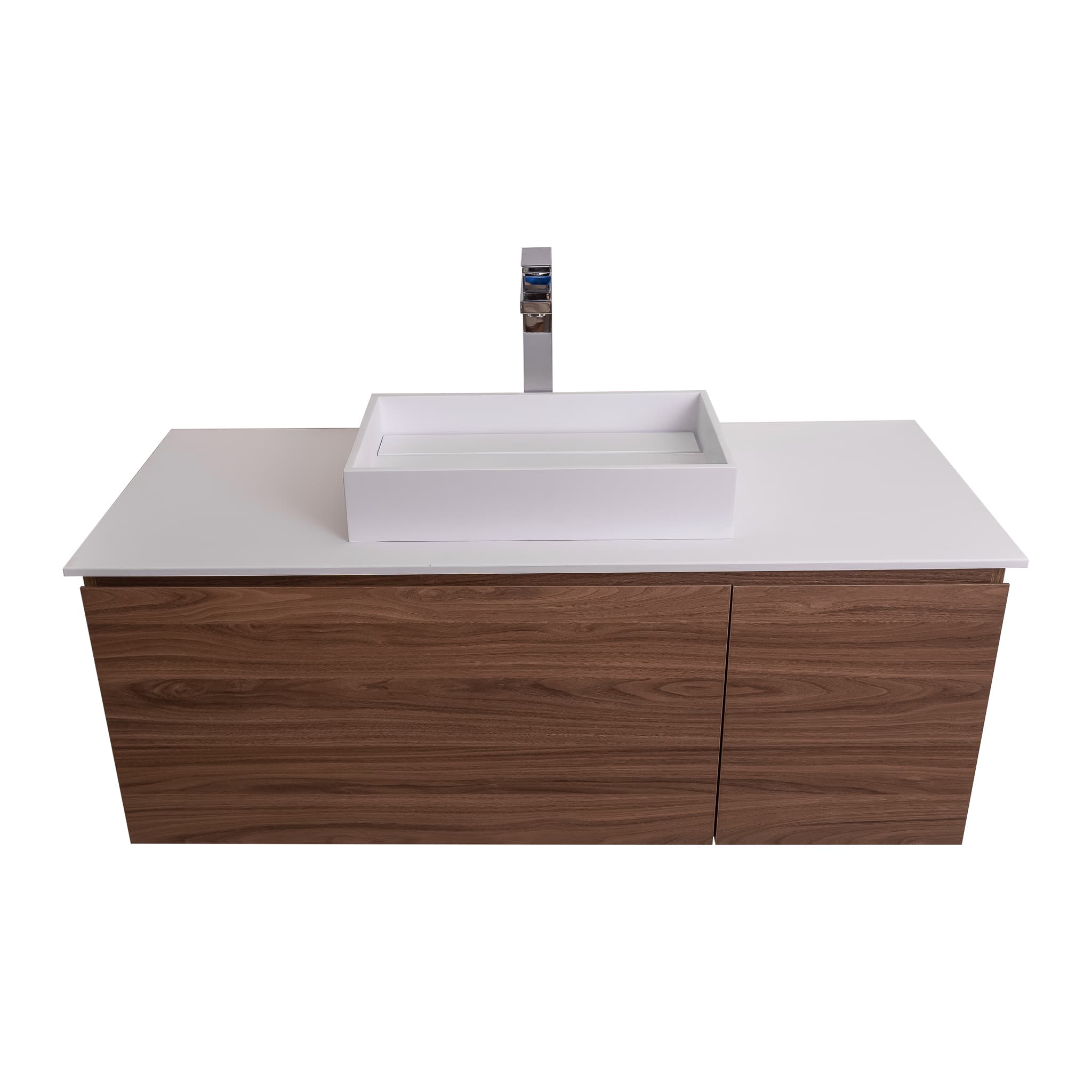 Venice 47.5 Walnut Wood Texture Cabinet, Solid Surface Flat White Counter And Infinity Square Solid Surface White Basin 1329, Wall Mounted Modern Vanity Set