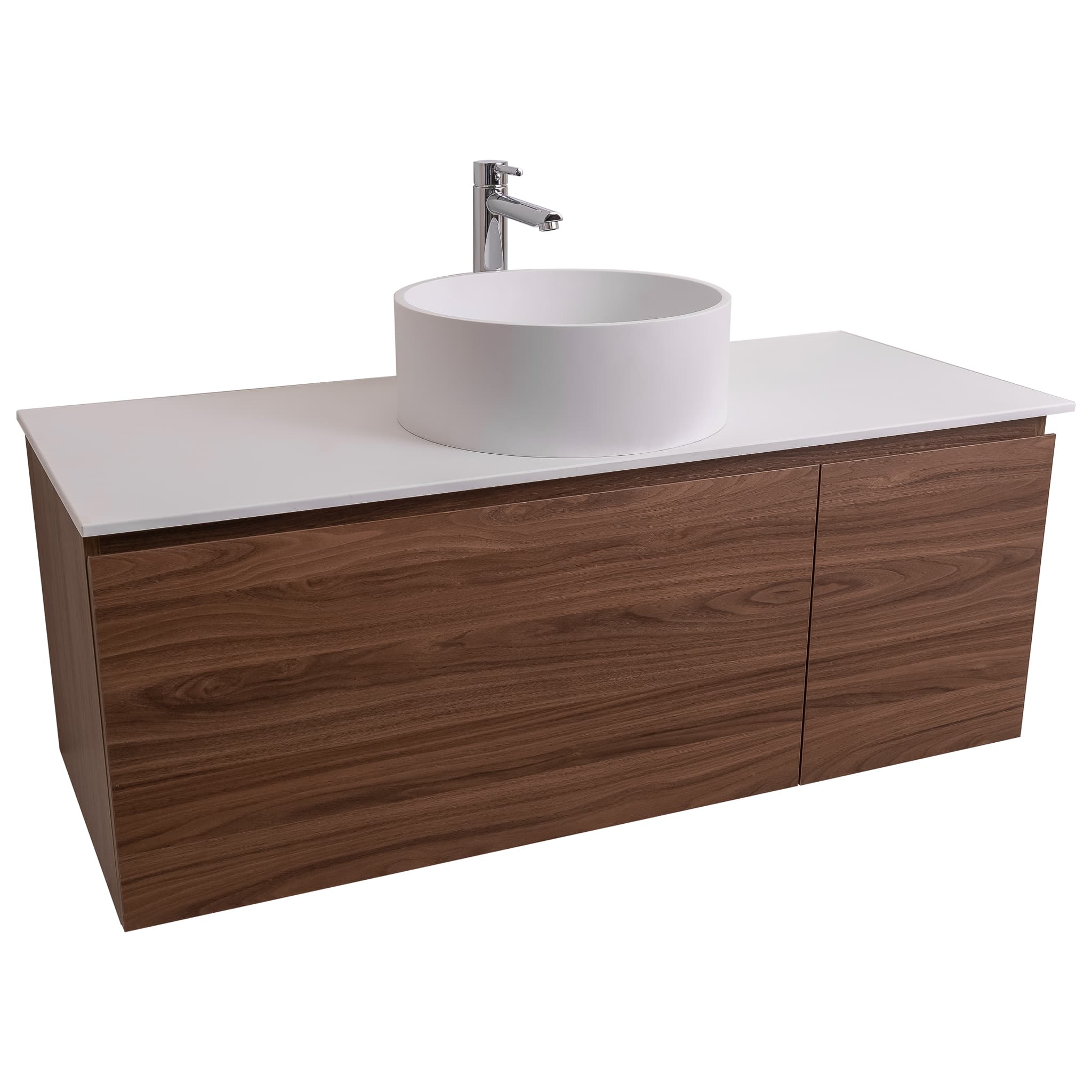 Venice 47.5 Walnut Wood Texture Cabinet, Solid Surface Flat White Counter And Round Solid Surface White Basin 1386, Wall Mounted Modern Vanity Set Bath Trends USA