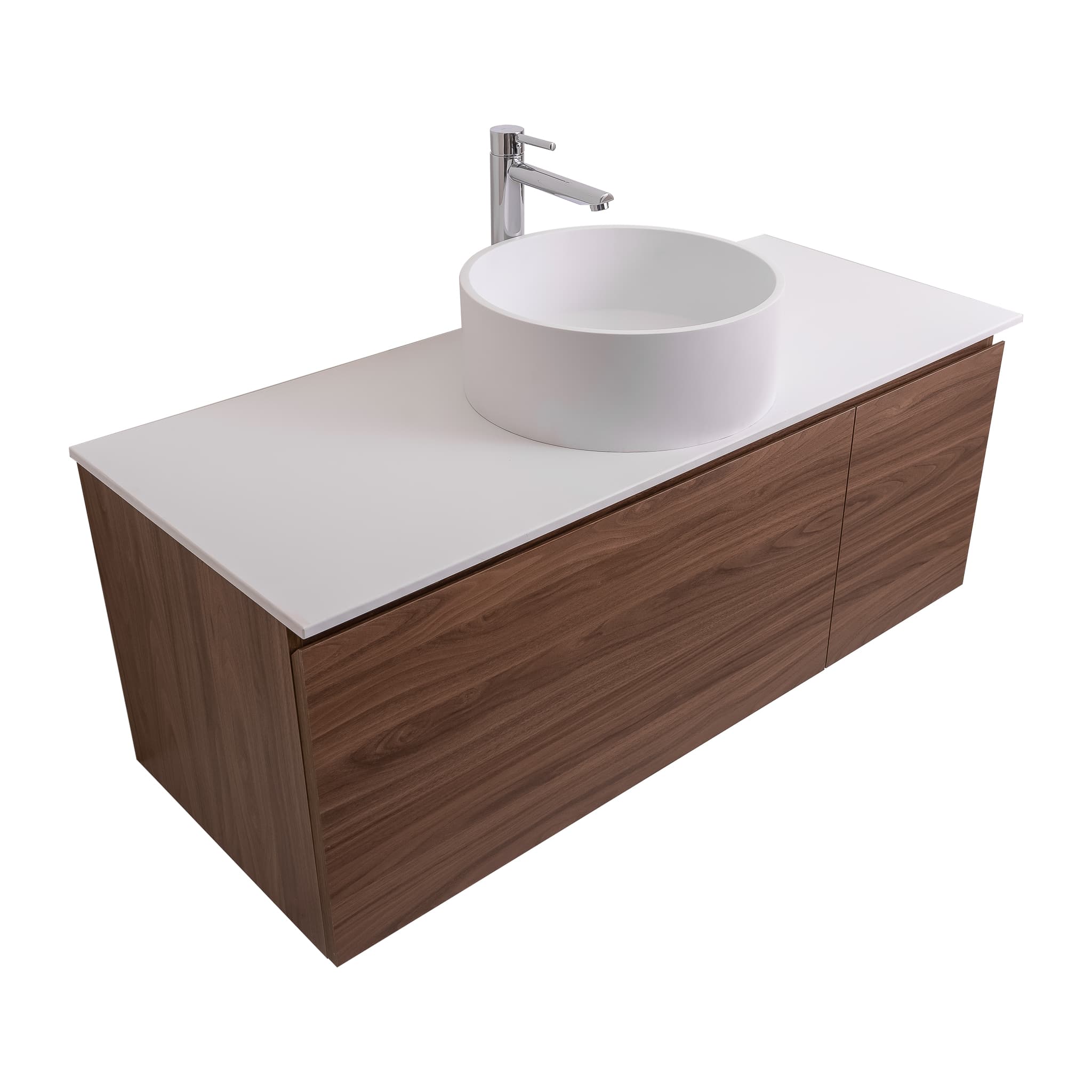 Venice 47.5 Walnut Wood Texture Cabinet, Solid Surface Flat White Counter And Round Solid Surface White Basin 1386, Wall Mounted Modern Vanity Set