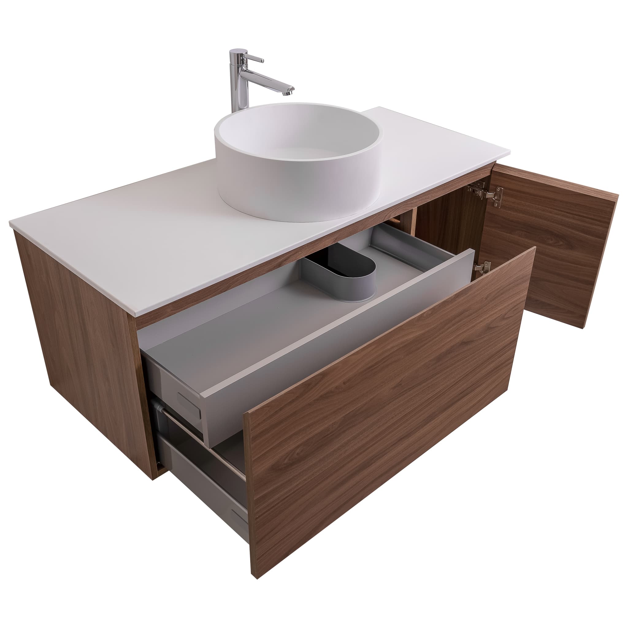 Venice 47.5 Walnut Wood Texture Cabinet, Solid Surface Flat White Counter And Round Solid Surface White Basin 1386, Wall Mounted Modern Vanity Set Bath Trends USA