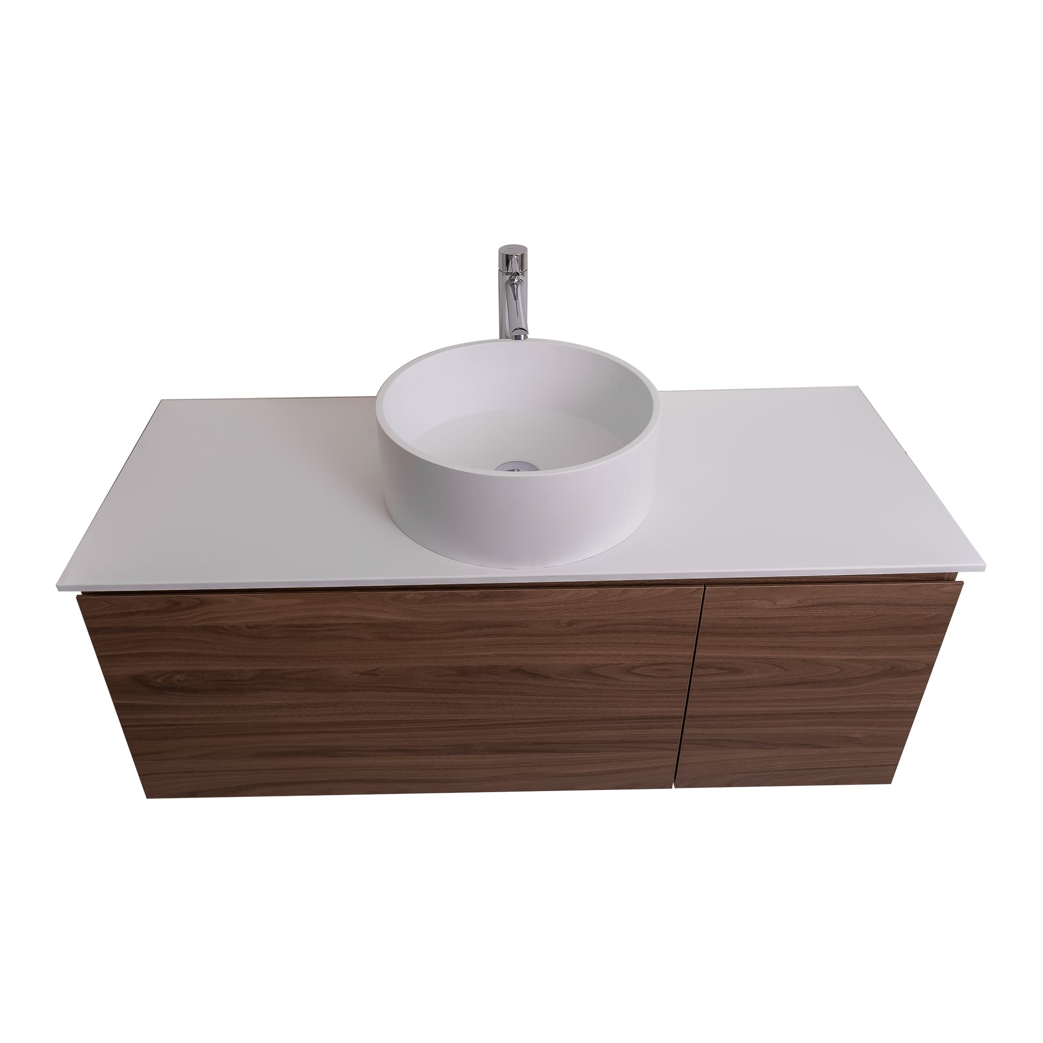 Venice 47.5 Walnut Wood Texture Cabinet, Solid Surface Flat White Counter And Round Solid Surface White Basin 1386, Wall Mounted Modern Vanity Set