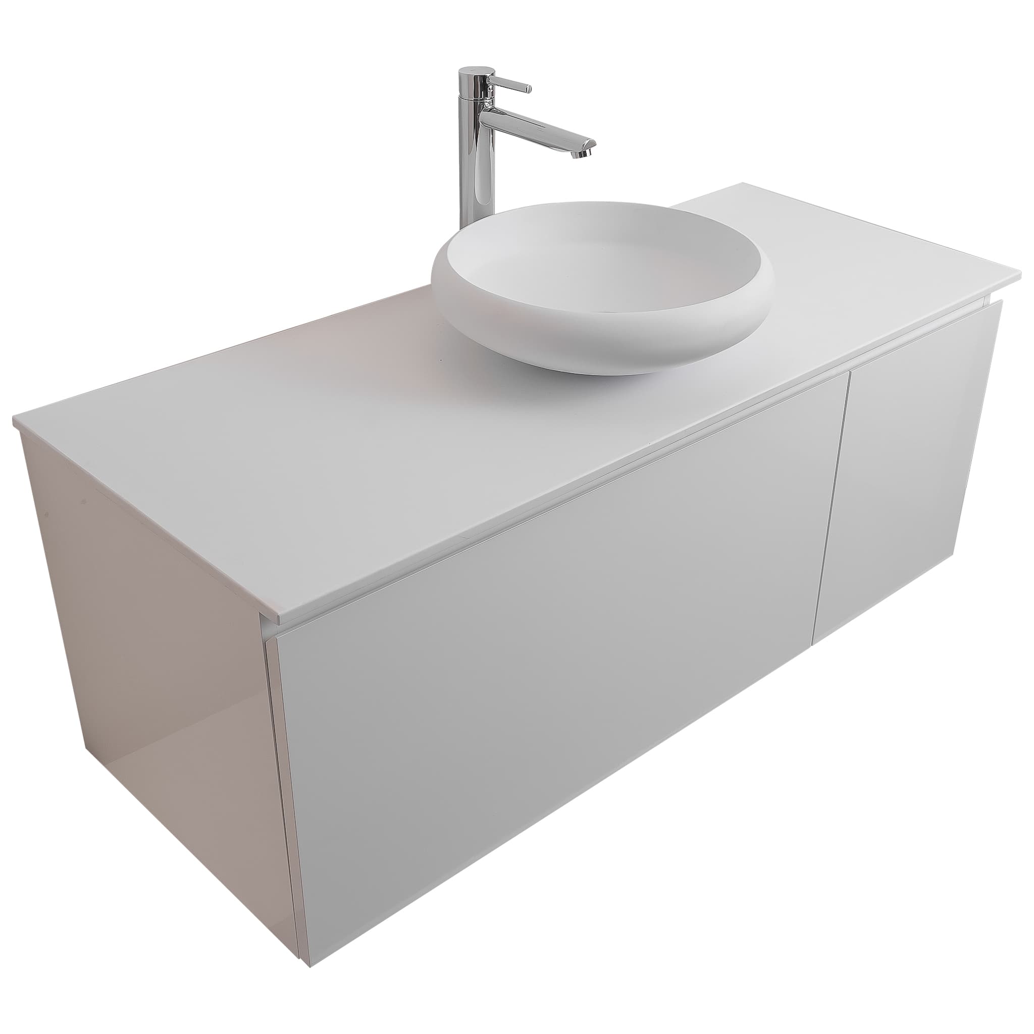 Venice 47.5 White High Gloss Cabinet, Solid Surface Flat White Counter And Round Solid Surface White Basin 1153, Wall Mounted Modern Vanity Set