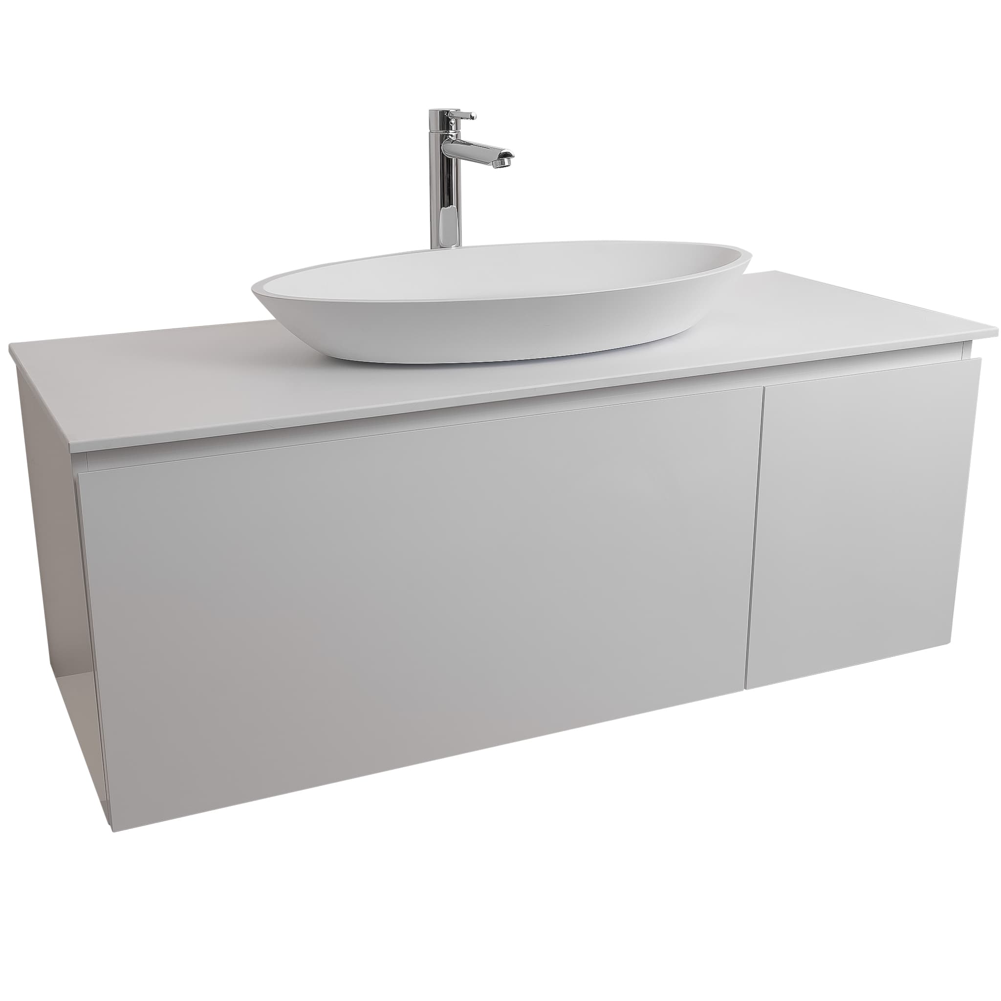 Venice 47.5 White High Gloss Cabinet, Solid Surface Flat White Counter And Oval Solid Surface White Basin 1305, Wall Mounted Modern Vanity Set