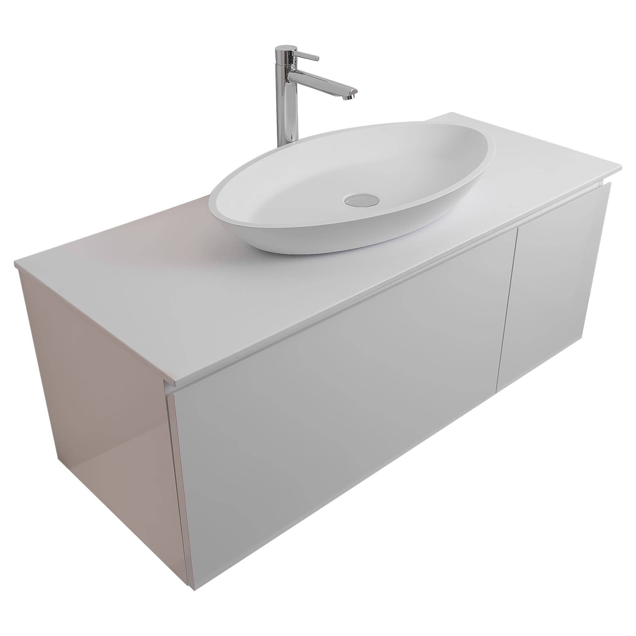 Venice 47.5 White High Gloss Cabinet, Solid Surface Flat White Counter And Oval Solid Surface White Basin 1305, Wall Mounted Modern Vanity Set