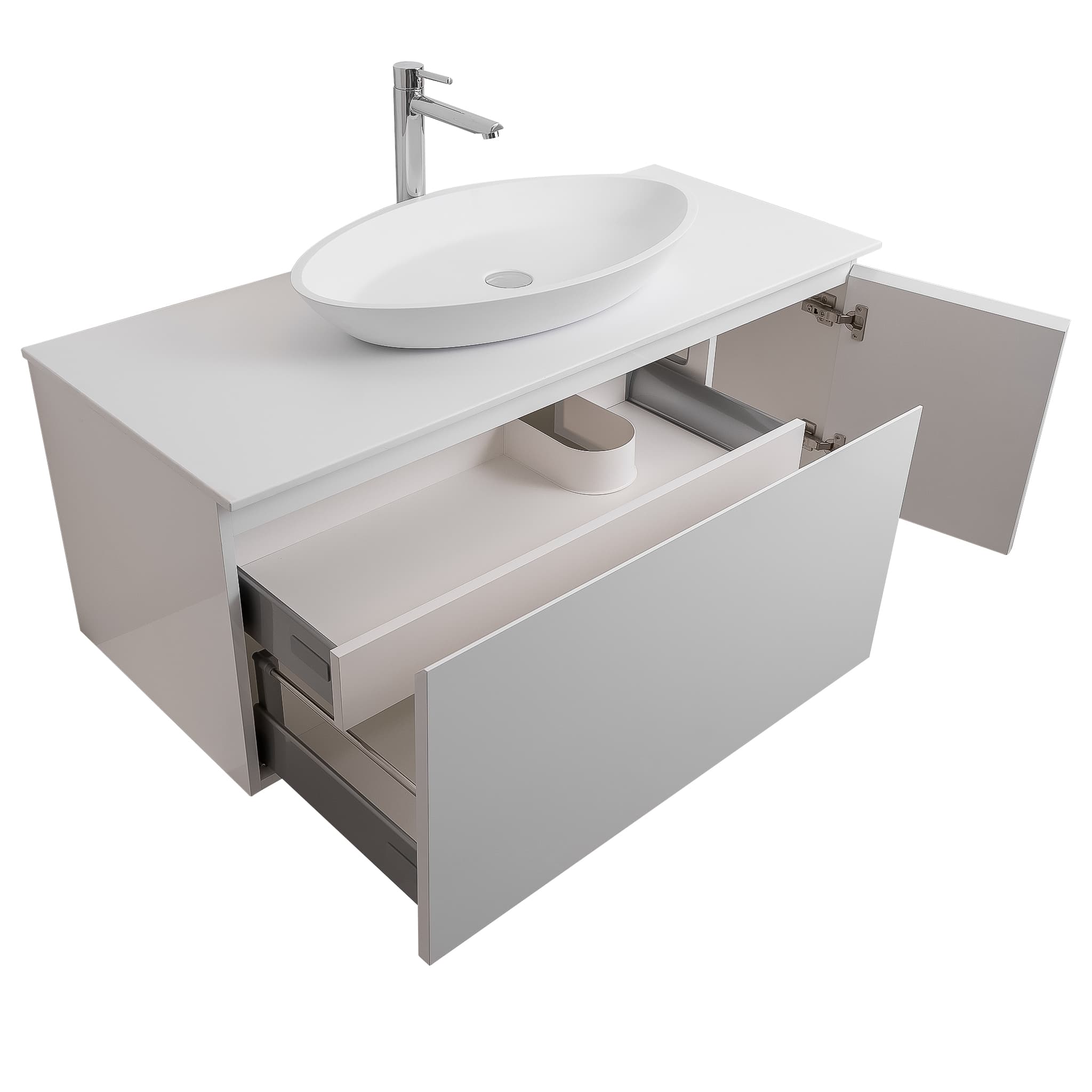 Venice 47.5 White High Gloss Cabinet, Solid Surface Flat White Counter And Oval Solid Surface White Basin 1305, Wall Mounted Modern Vanity Set Bath Trends USA