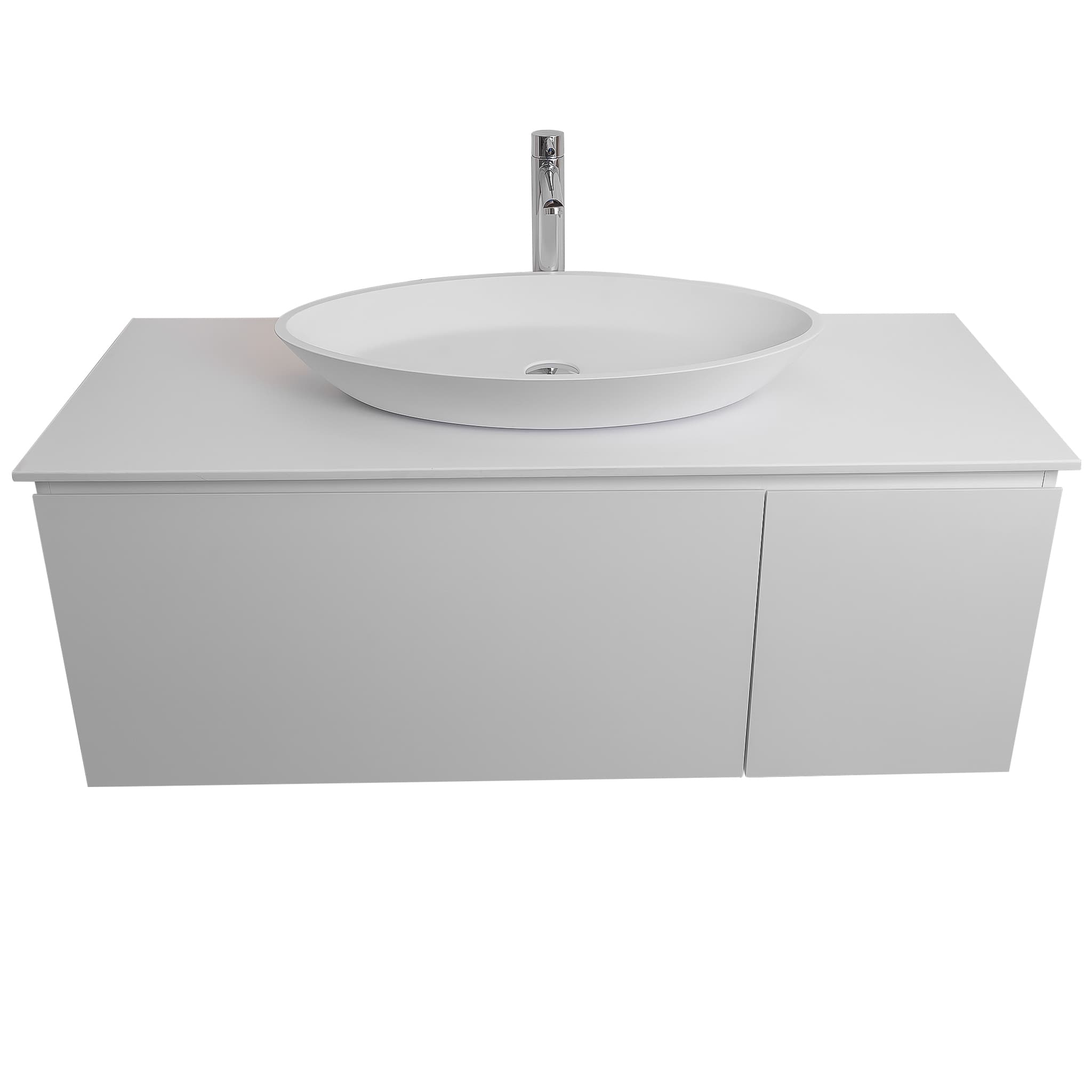 Venice 47.5 White High Gloss Cabinet, Solid Surface Flat White Counter And Oval Solid Surface White Basin 1305, Wall Mounted Modern Vanity Set Bath Trends USA