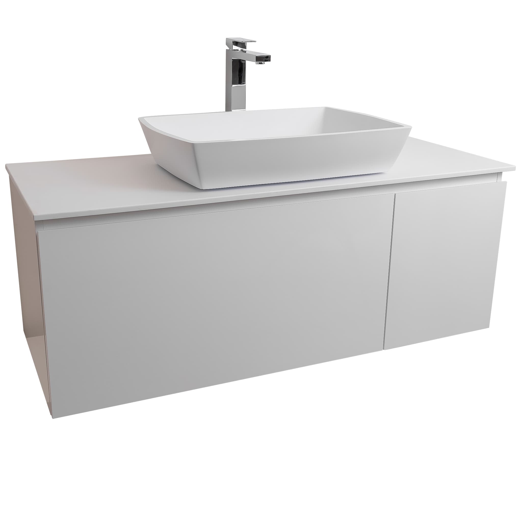 Venice 47.5 White High Gloss Cabinet, Solid Surface Flat White Counter And Square Solid Surface White Basin 1316, Wall Mounted Modern Vanity Set Bath Trends USA