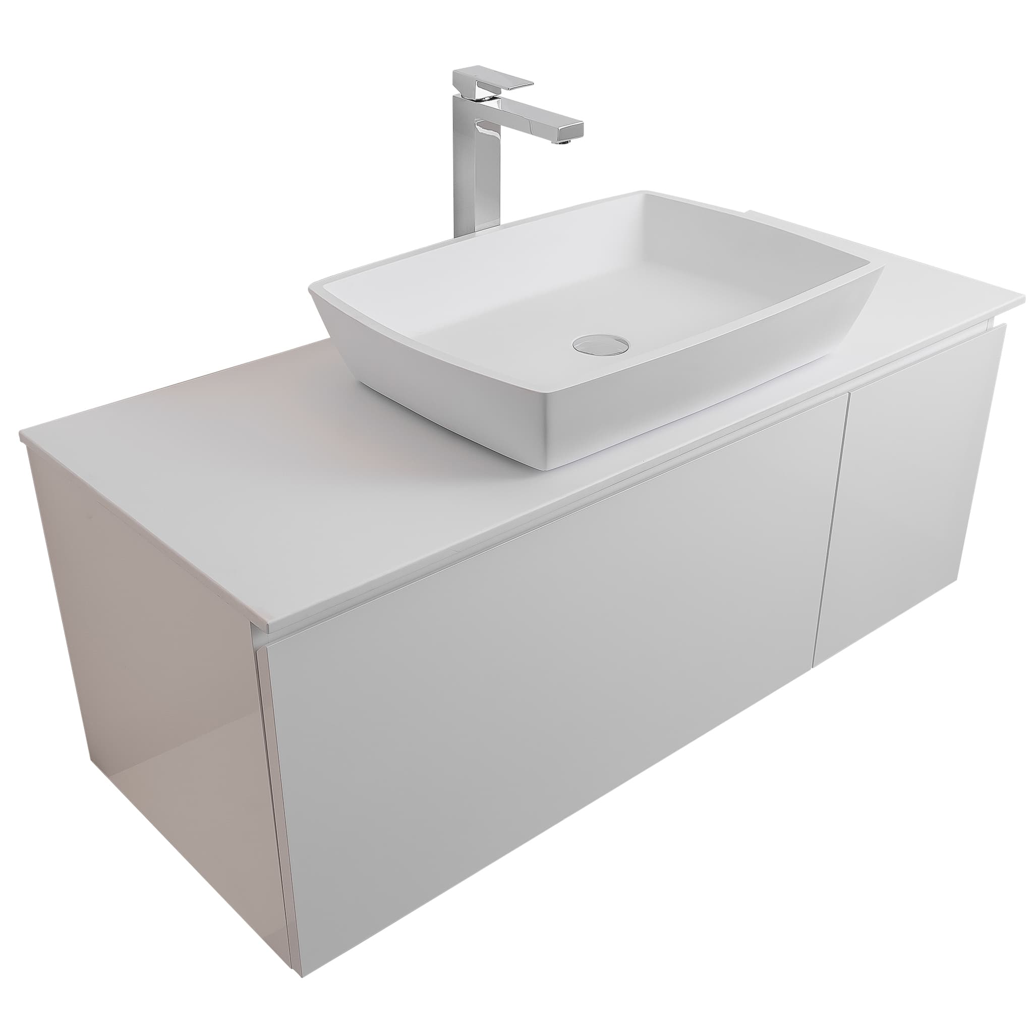 Venice 47.5 White High Gloss Cabinet, Solid Surface Flat White Counter And Square Solid Surface White Basin 1316, Wall Mounted Modern Vanity Set