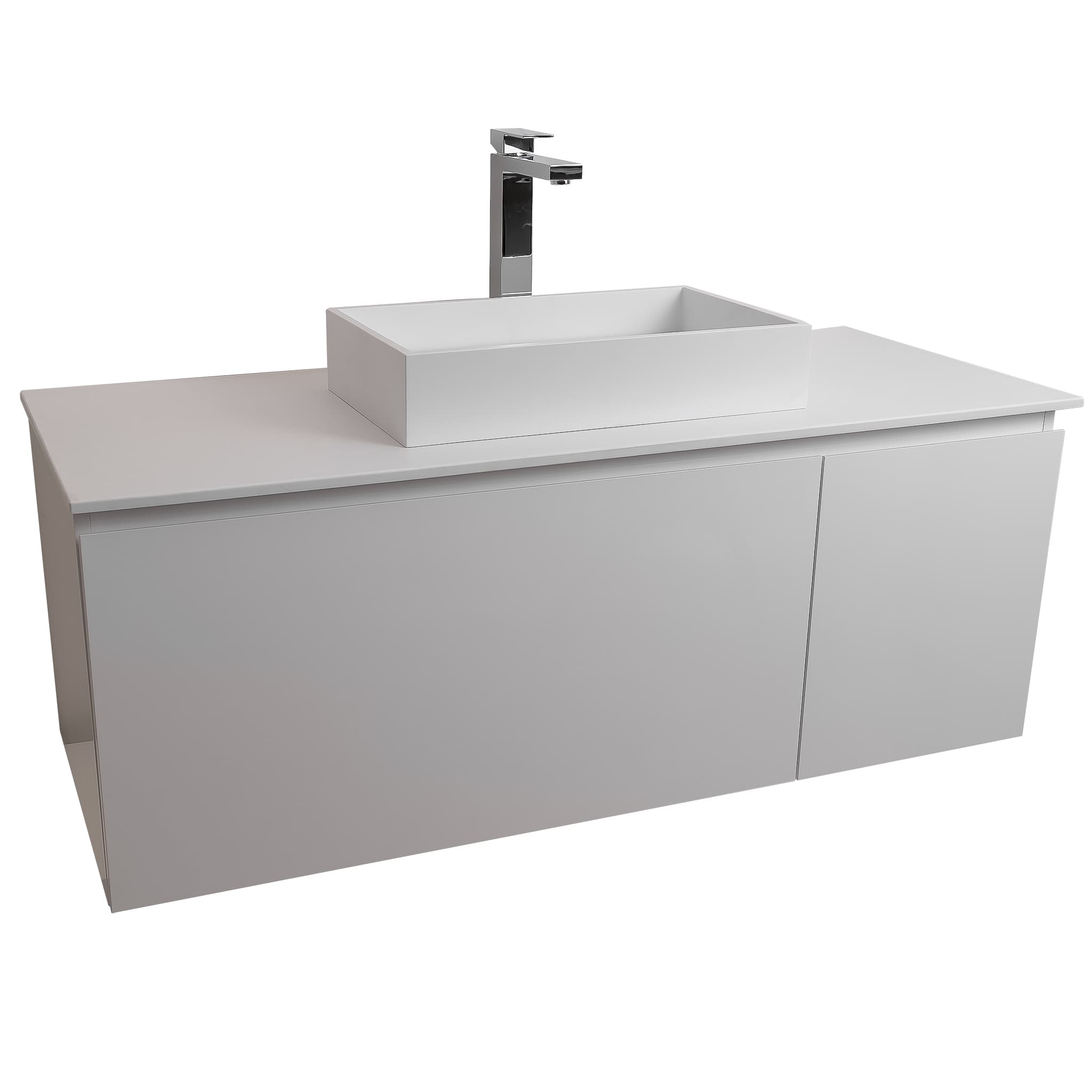 Venice 47.5 White High Gloss Cabinet, Solid Surface Flat White Counter And Infinity Square Solid Surface White Basin 1329, Wall Mounted Modern Vanity Set