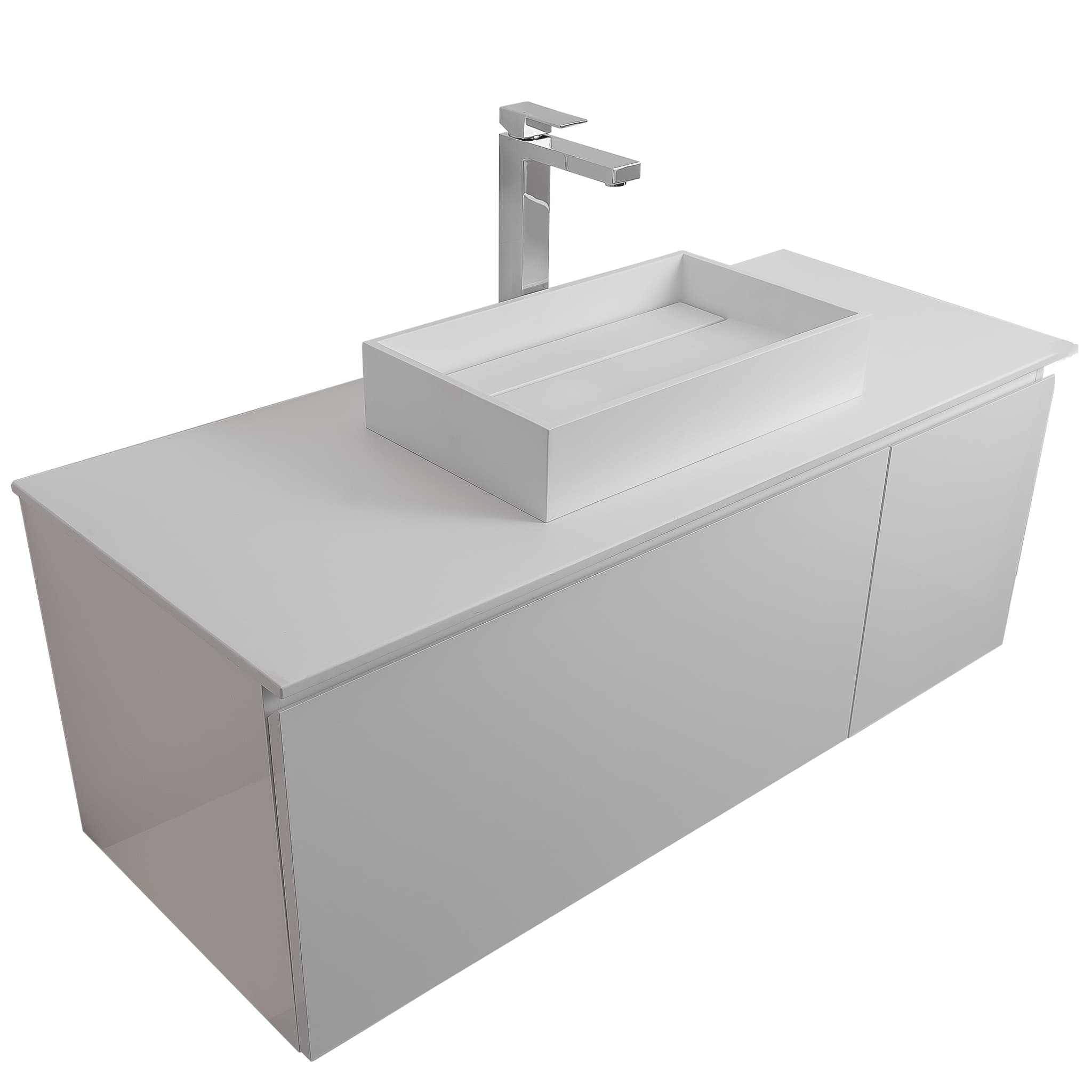 Venice 47.5 White High Gloss Cabinet, Solid Surface Flat White Counter And Infinity Square Solid Surface White Basin 1329, Wall Mounted Modern Vanity Set Bath Trends USA