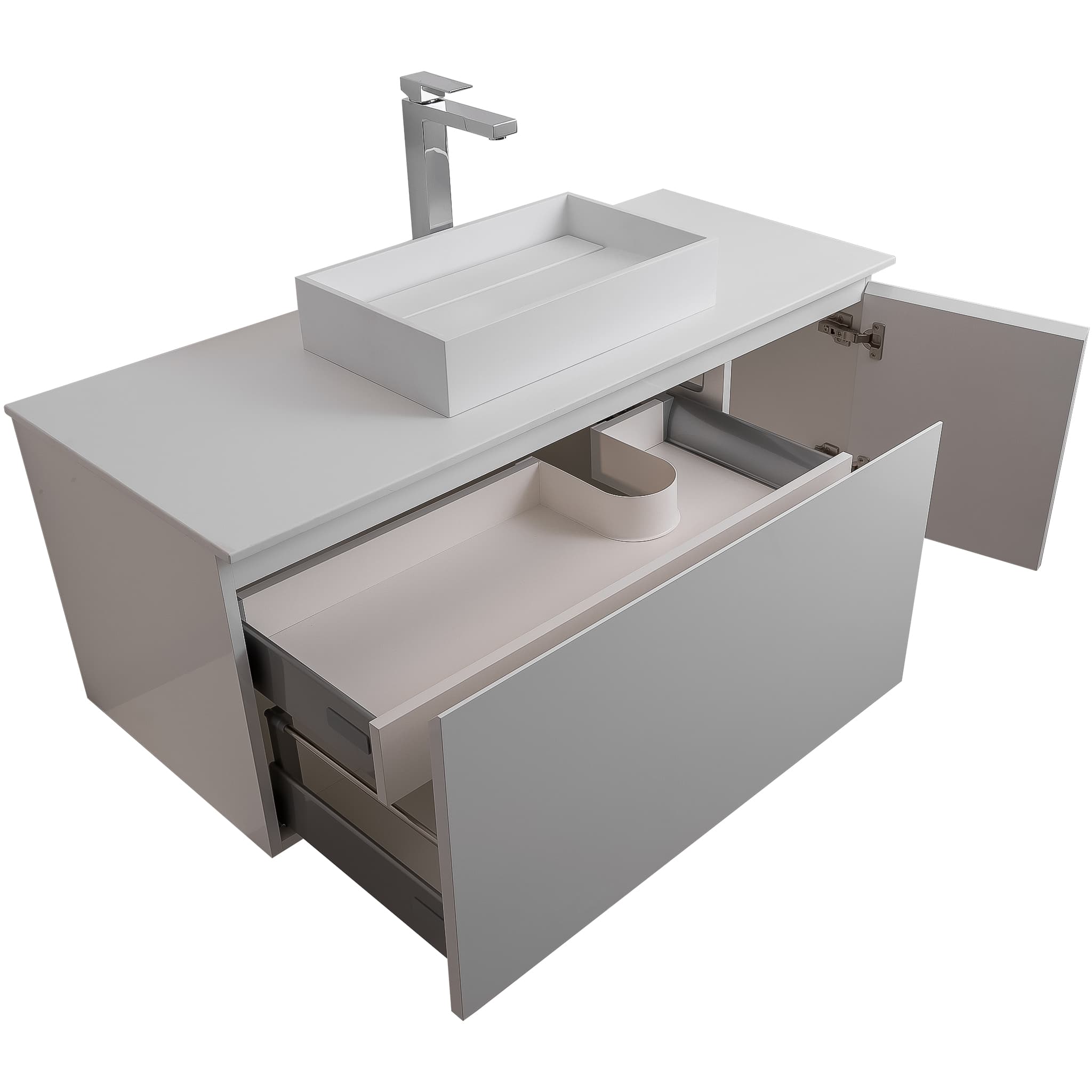 Venice 47.5 White High Gloss Cabinet, Solid Surface Flat White Counter And Infinity Square Solid Surface White Basin 1329, Wall Mounted Modern Vanity Set