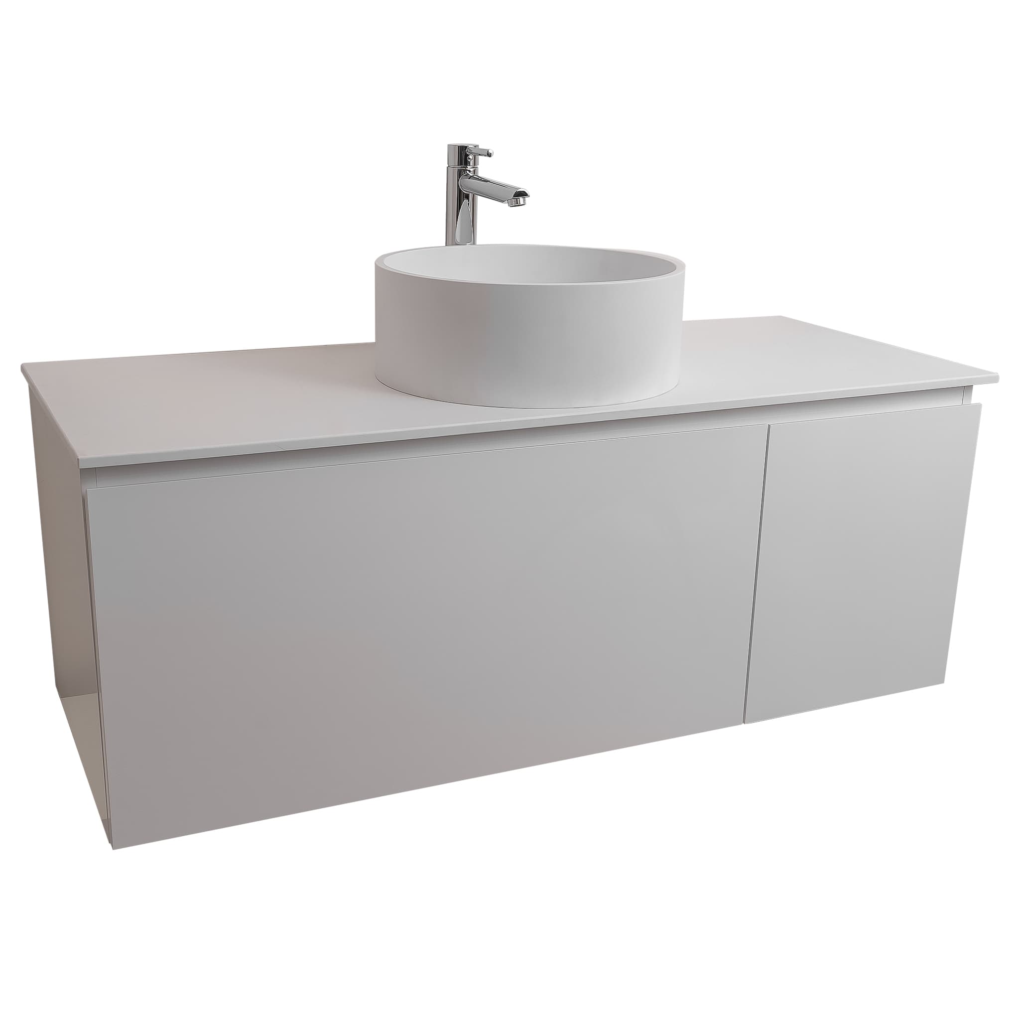 Venice 47.5 White High Gloss Cabinet, Solid Surface Flat White Counter And Round Solid Surface White Basin 1386, Wall Mounted Modern Vanity Set