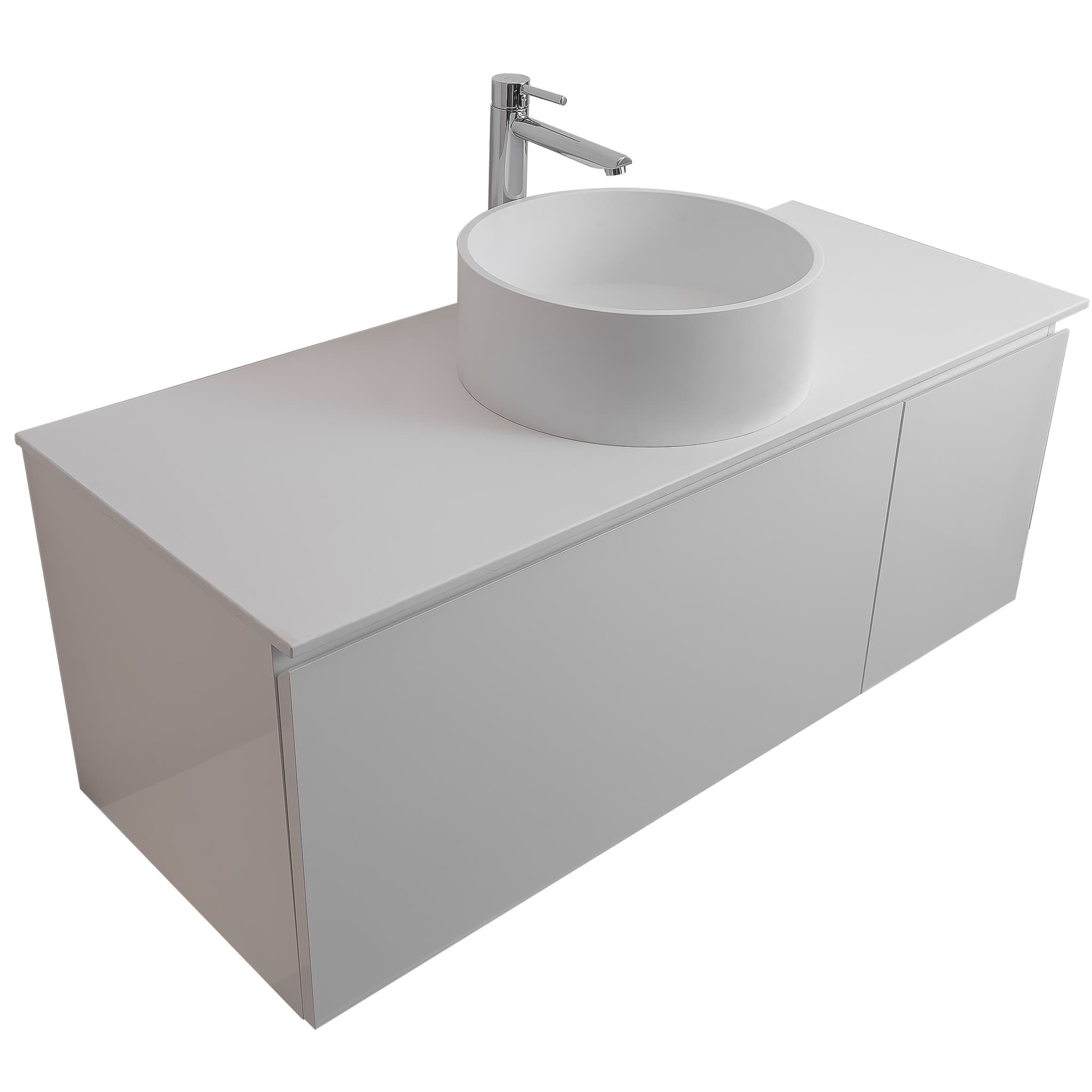 Venice 47.5 White High Gloss Cabinet, Solid Surface Flat White Counter And Round Solid Surface White Basin 1386, Wall Mounted Modern Vanity Set Bath Trends USA