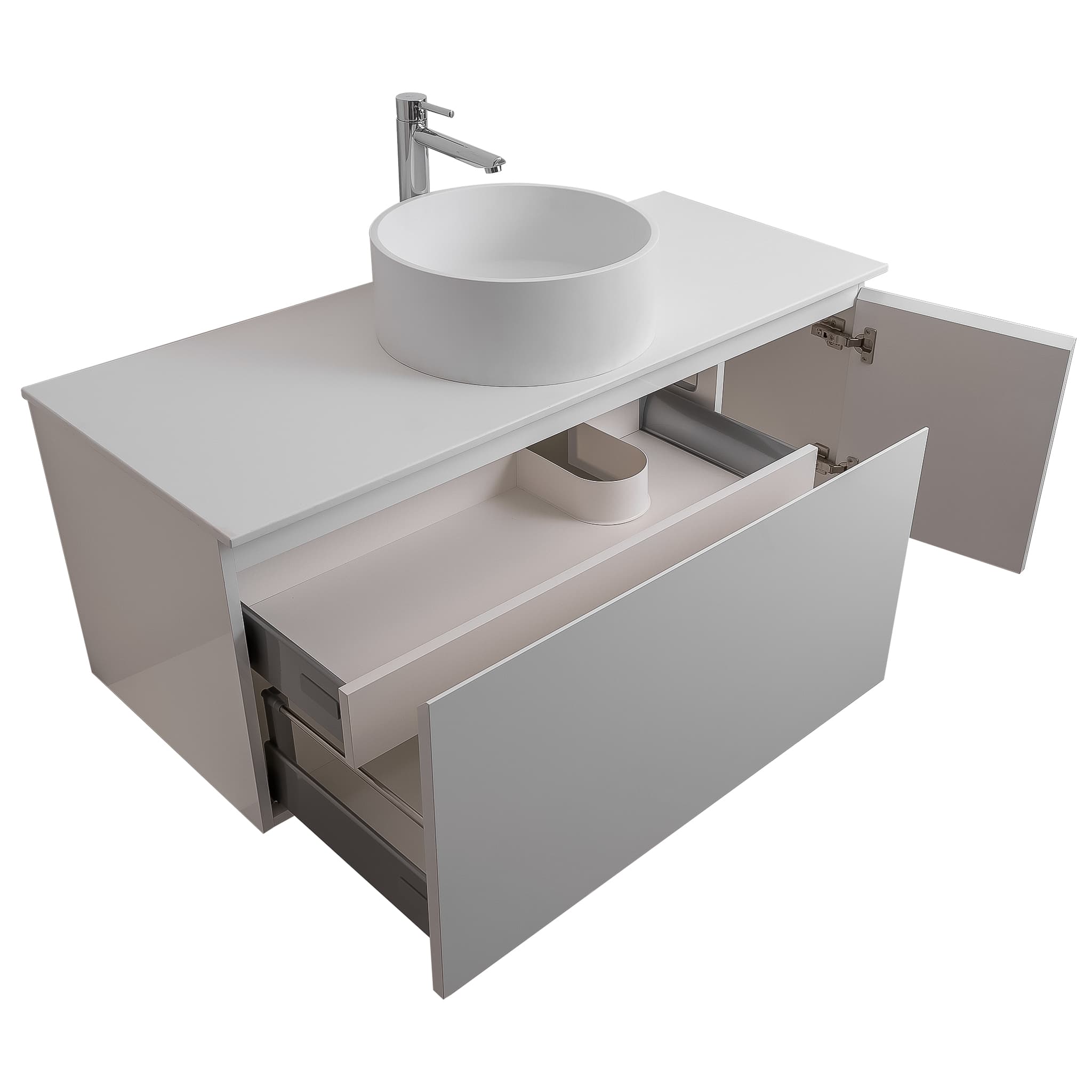 Venice 47.5 White High Gloss Cabinet, Solid Surface Flat White Counter And Round Solid Surface White Basin 1386, Wall Mounted Modern Vanity Set