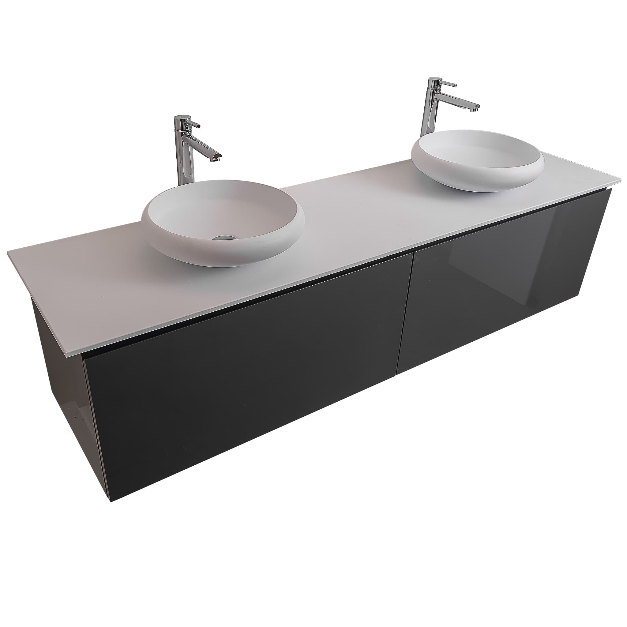 Venice 63 Anthracite High Gloss Cabinet, Solid Surface Flat White Counter And Two Round Solid Surface White Basin 1153, Wall Mounted Modern Vanity Set