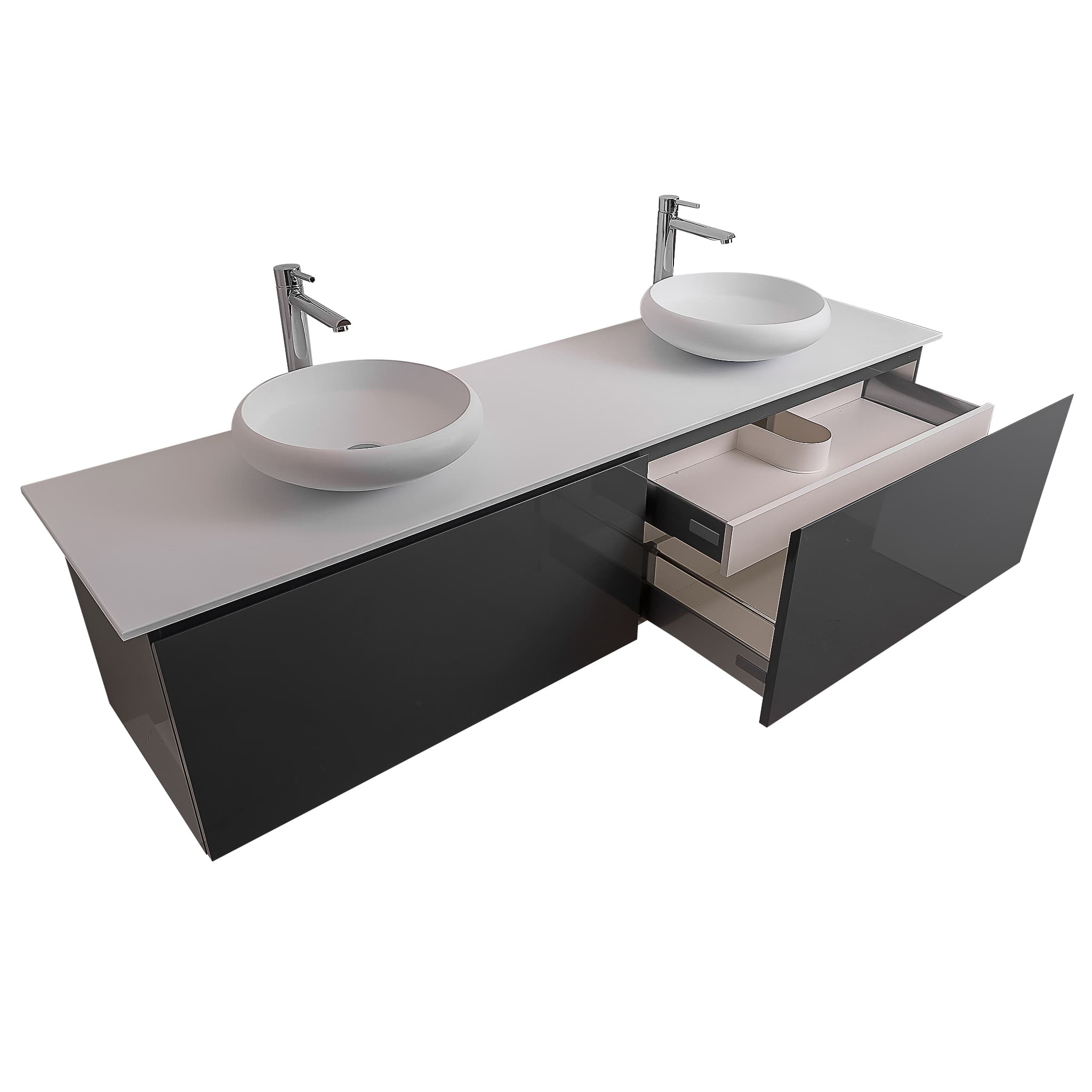 Venice 63 Anthracite High Gloss Cabinet, Solid Surface Flat White Counter And Two Round Solid Surface White Basin 1153, Wall Mounted Modern Vanity Set