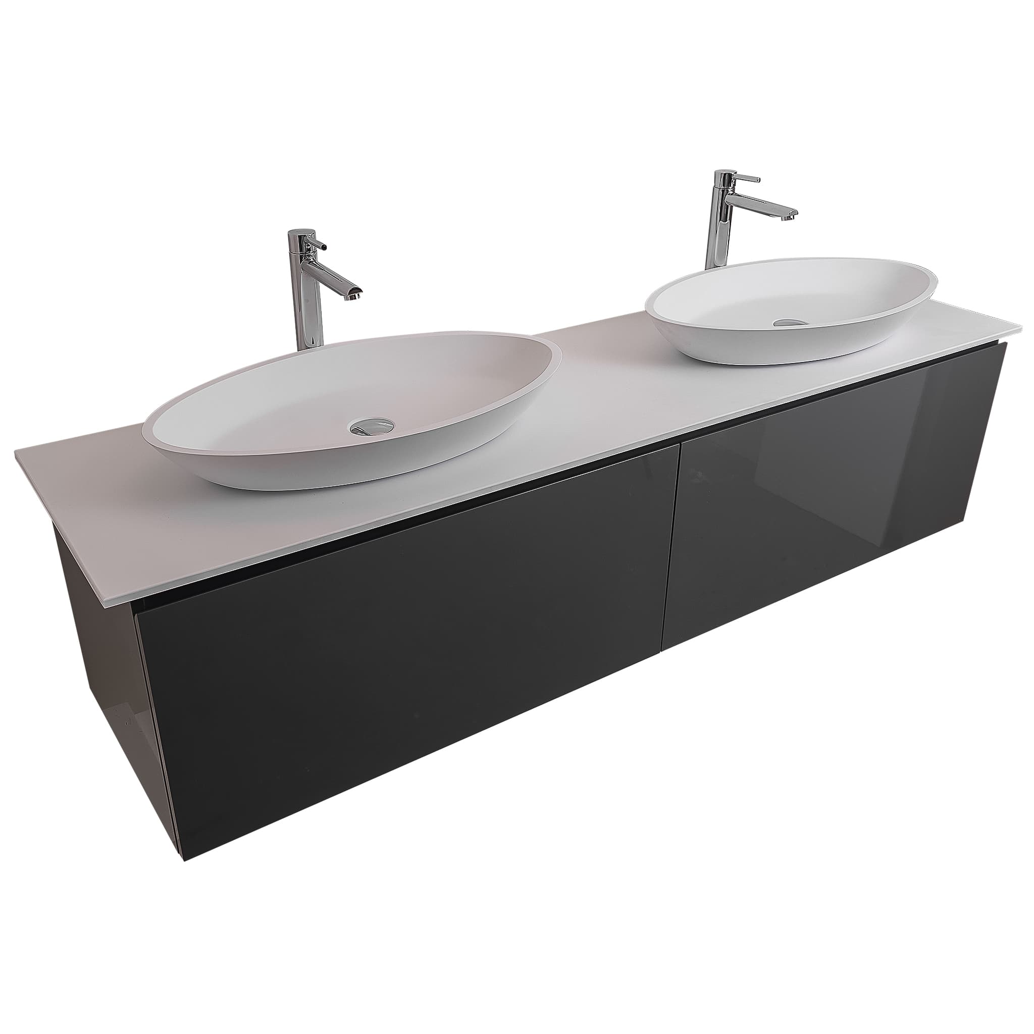 Venice 63 Anthracite High Gloss Cabinet, Solid Surface Flat White Counter And Two Oval Solid Surface White Basin 1305, Wall Mounted Modern Vanity Set