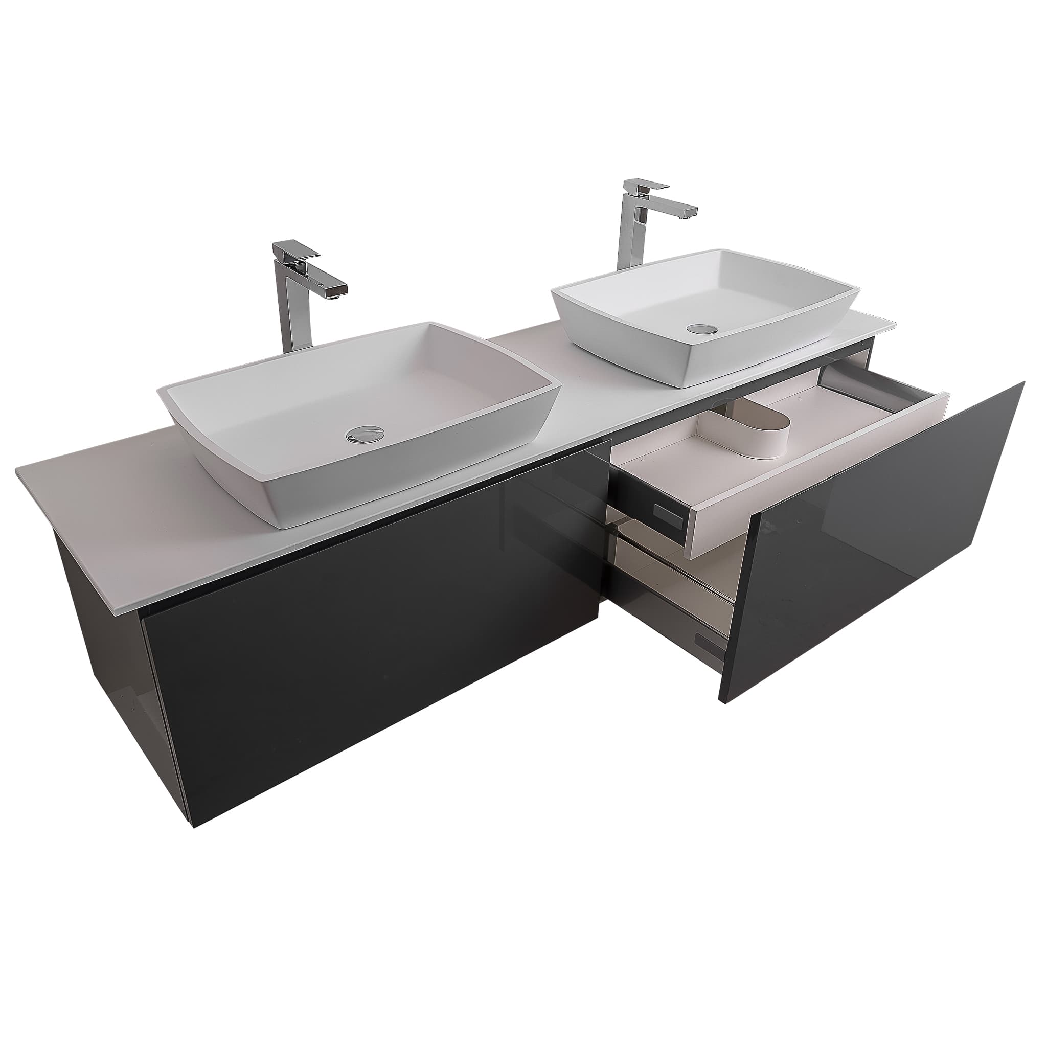 Venice 63 Anthracite High Gloss Cabinet, Solid Surface Flat White Counter And Two Square Solid Surface White Basin 1316, Wall Mounted Modern Vanity Set